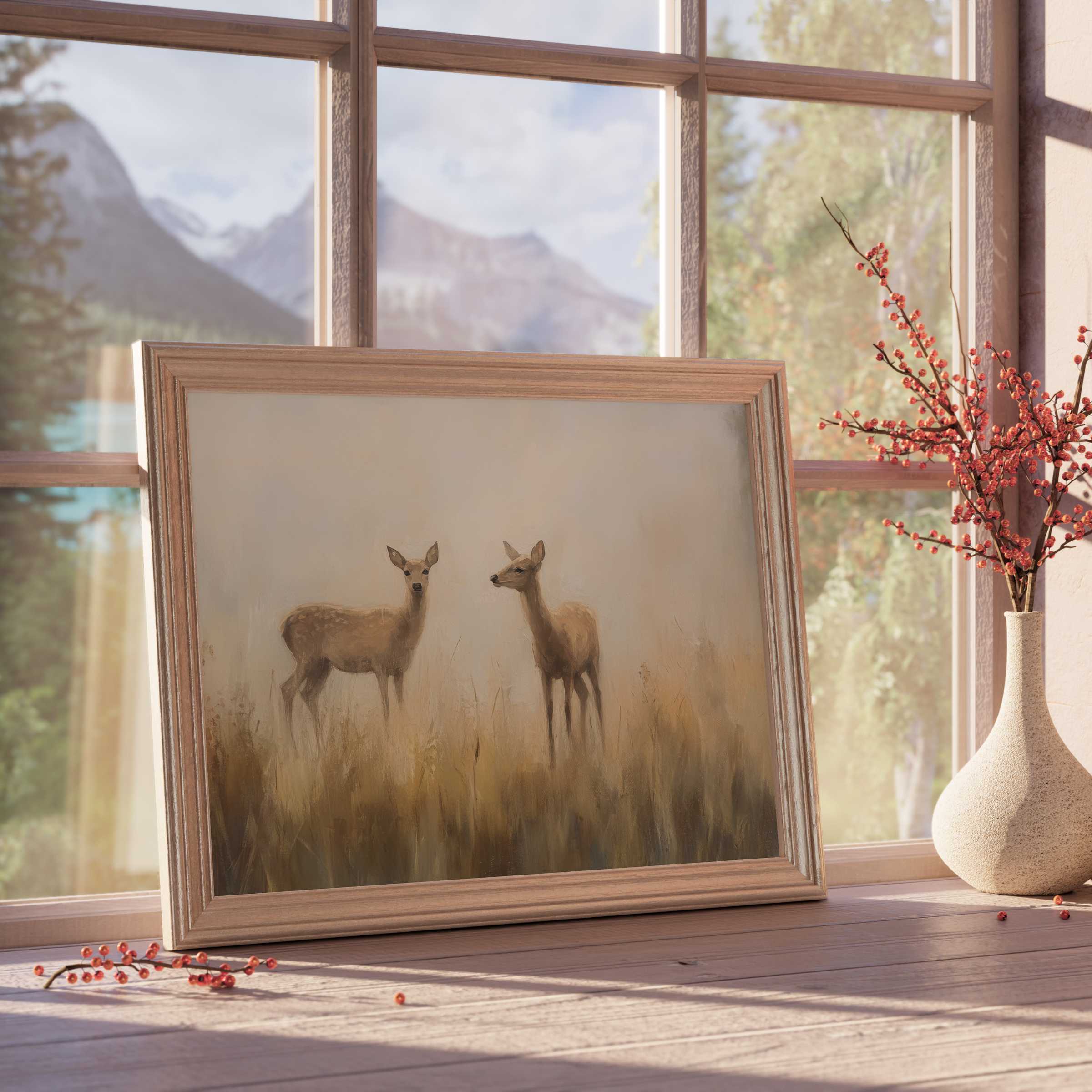Vintage downloadable art of gentle deer in a soft, misty landscape, elevating serene, curated interiors with timeless natural elegance