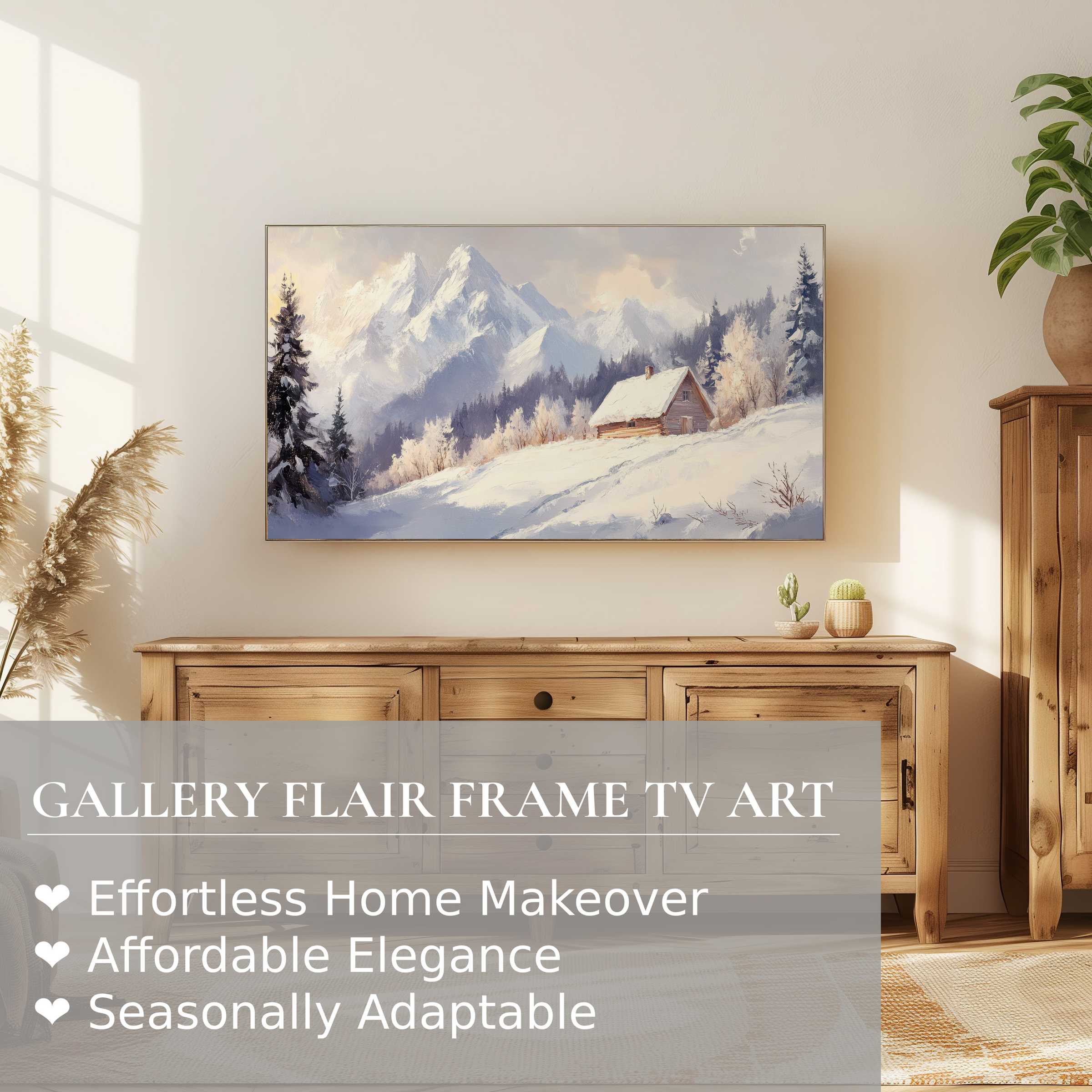 Samsung Frame TV displays serene winter digital artwork of snowy mountains, cabin, and forest in a refined modern setting