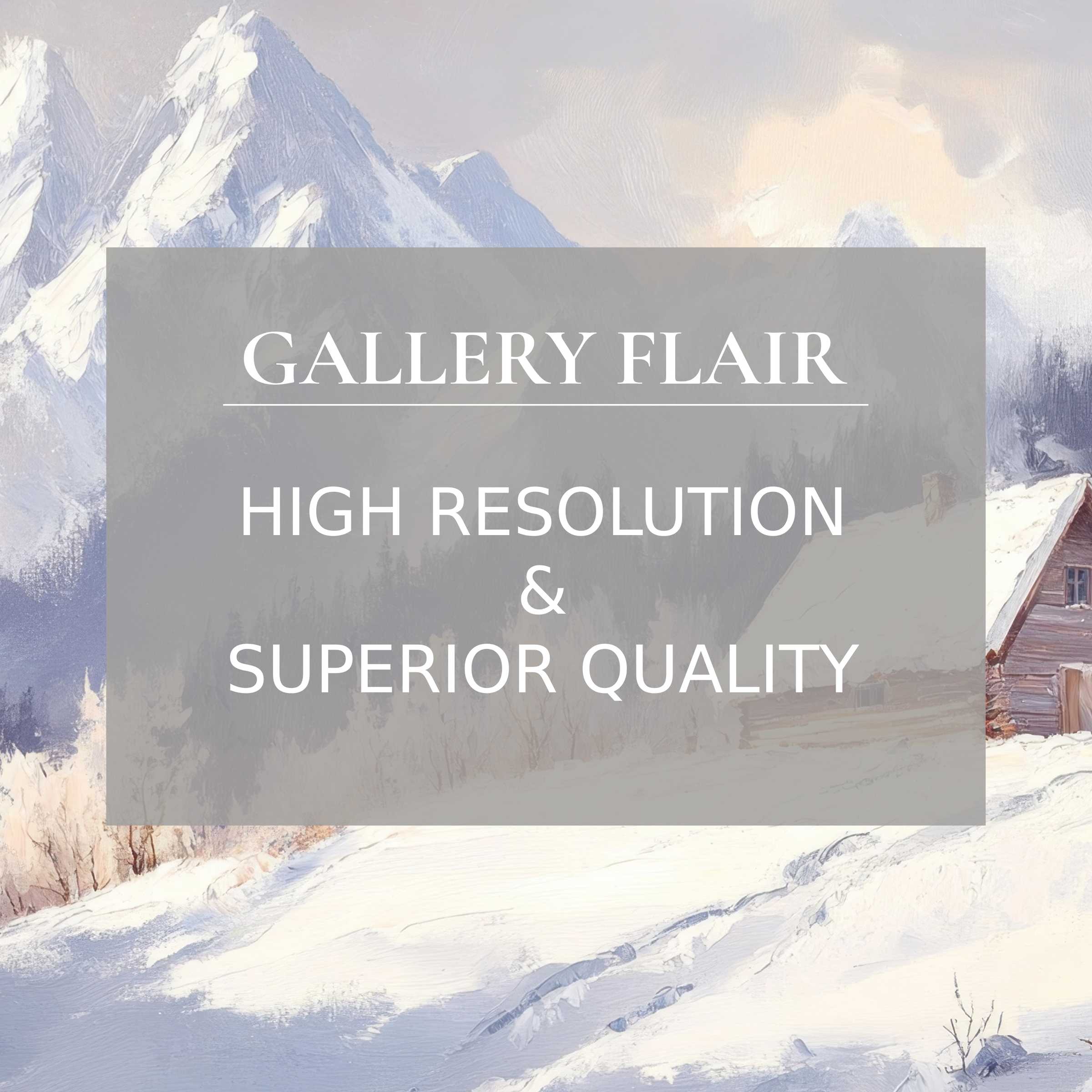 Winter printable art capturing a serene snow-covered mountain cabin, radiating calming ambiance with exquisite high-resolution detail