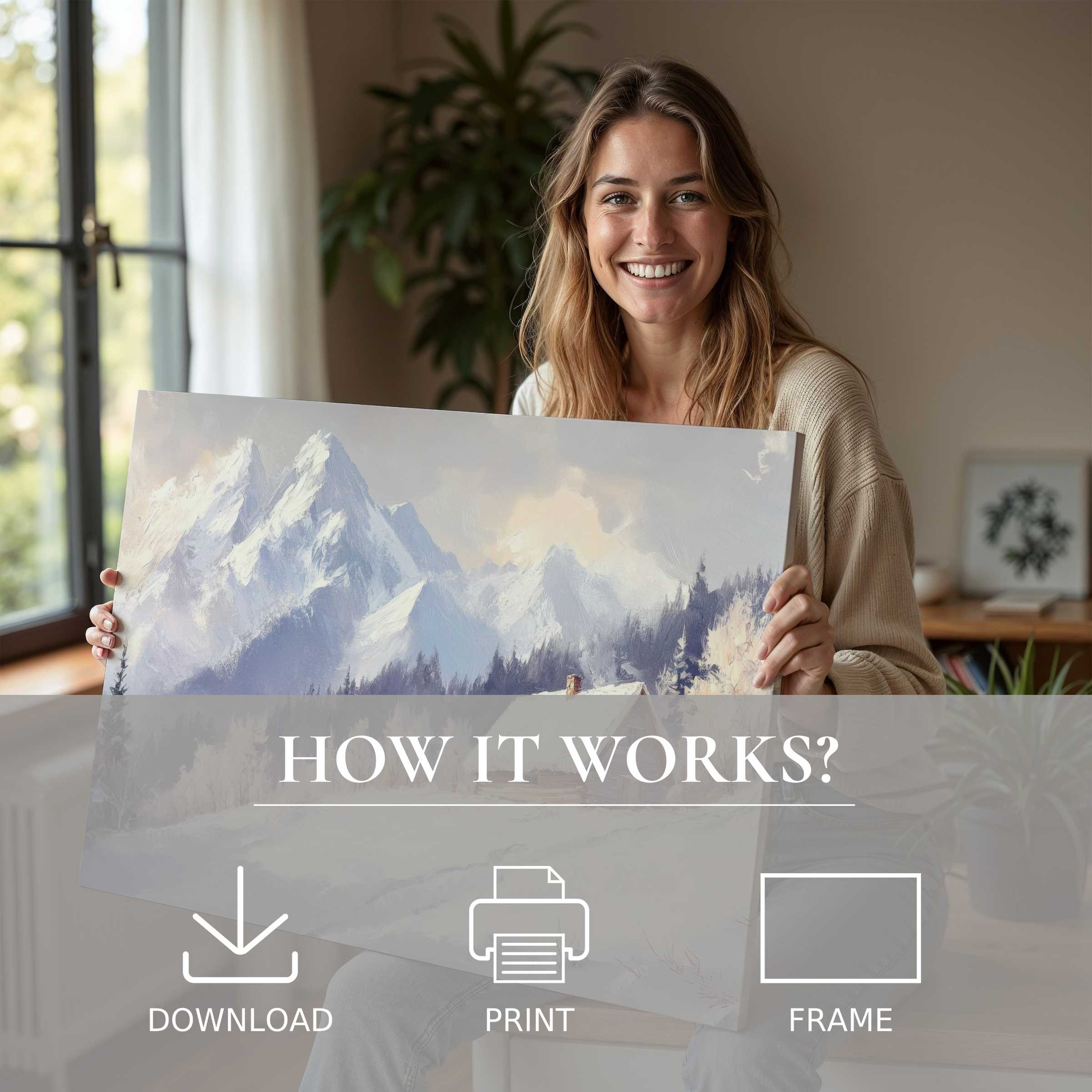 Bright winter digital art print held by woman in stylish living room, embodying warmth, connection, and timeless serenity