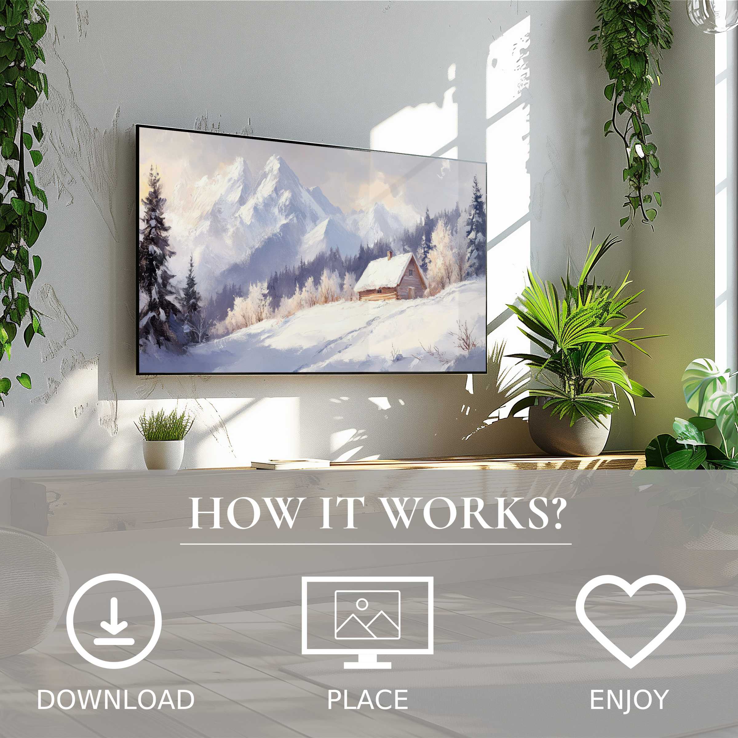 Winter art for Samsung TV showing soft snowy mountains and cabin; easy digital download enriches modern living spaces