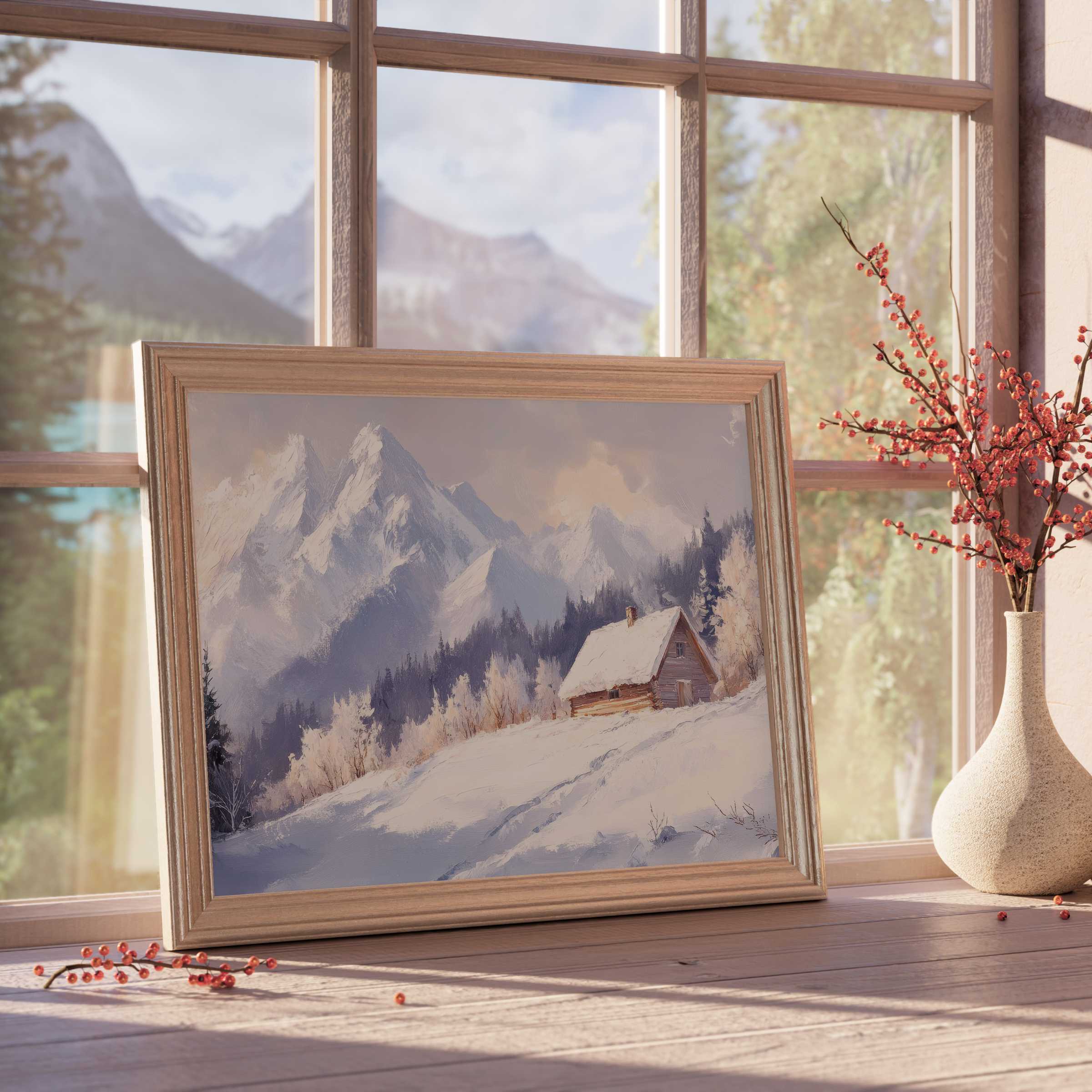 Winter downloadable art capturing a serene snow-covered cabin amid majestic mountains, perfect for curated, tranquil interiors