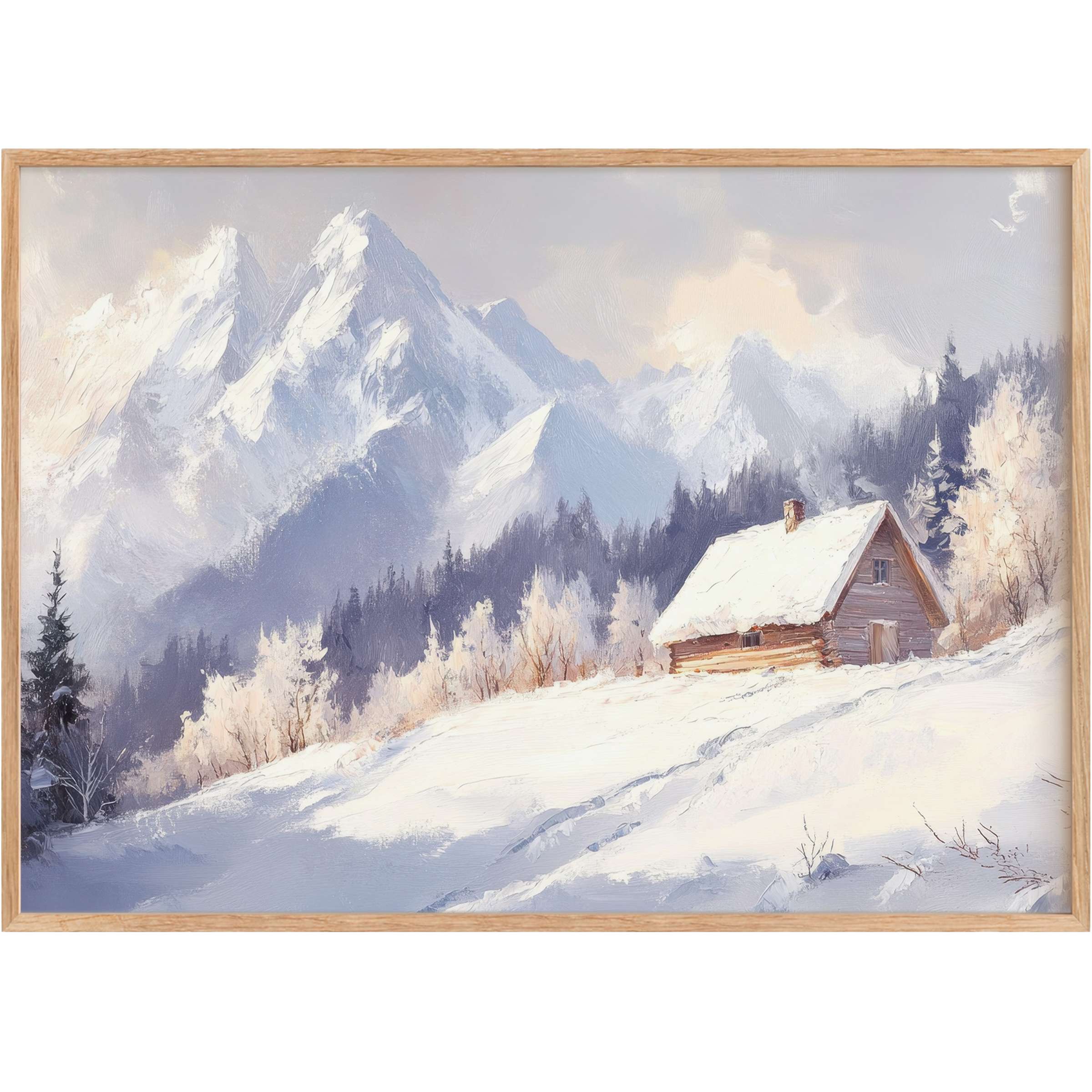Winter printable wall art capturing a serene mountain retreat in soft blues and warm neutrals, evoking peaceful solitude