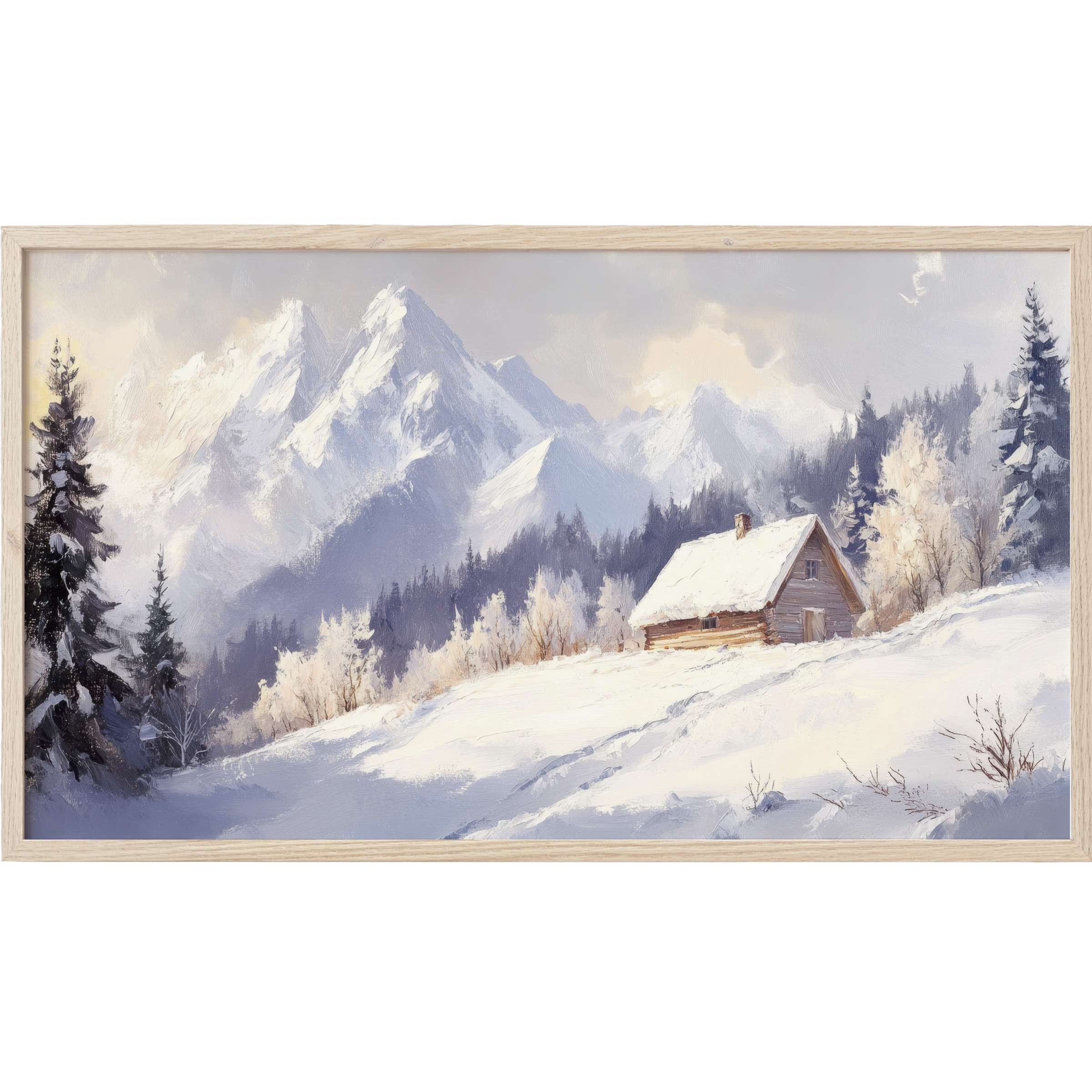 Winter Frame TV Art depicting a serene snow-covered cabin framed by towering, misty mountains in soft grays and blues