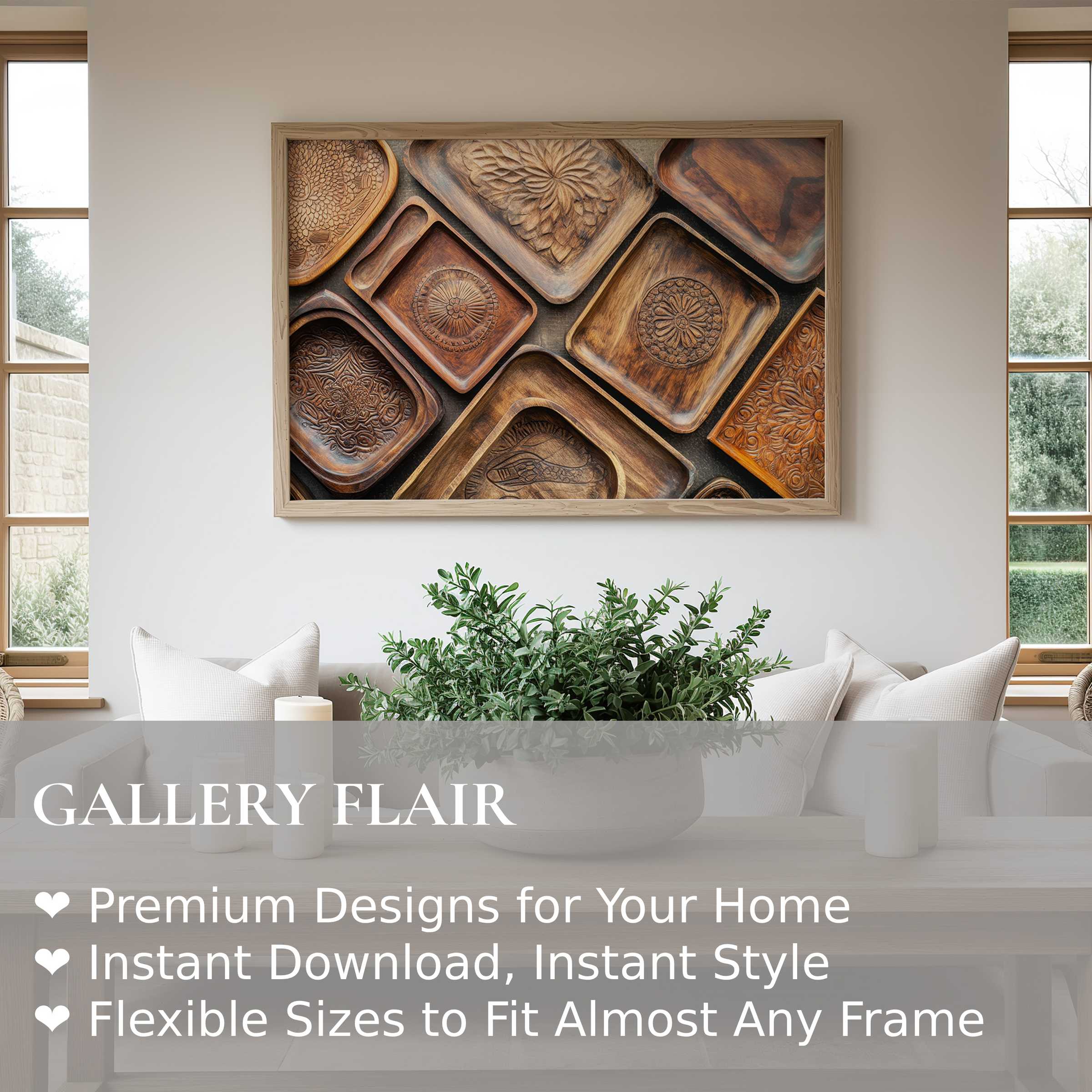 Boho wall art print featuring carved wooden trays with intricate patterns, adding warm texture to a modern, serene living space