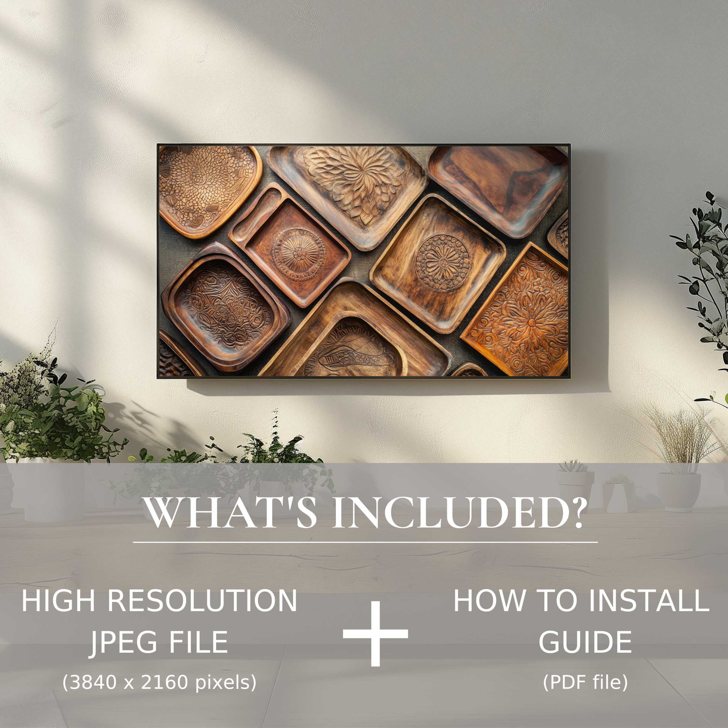 Boho digital TV art download showcasing carved wooden trays, enhancing living spaces with effortless digital elegance