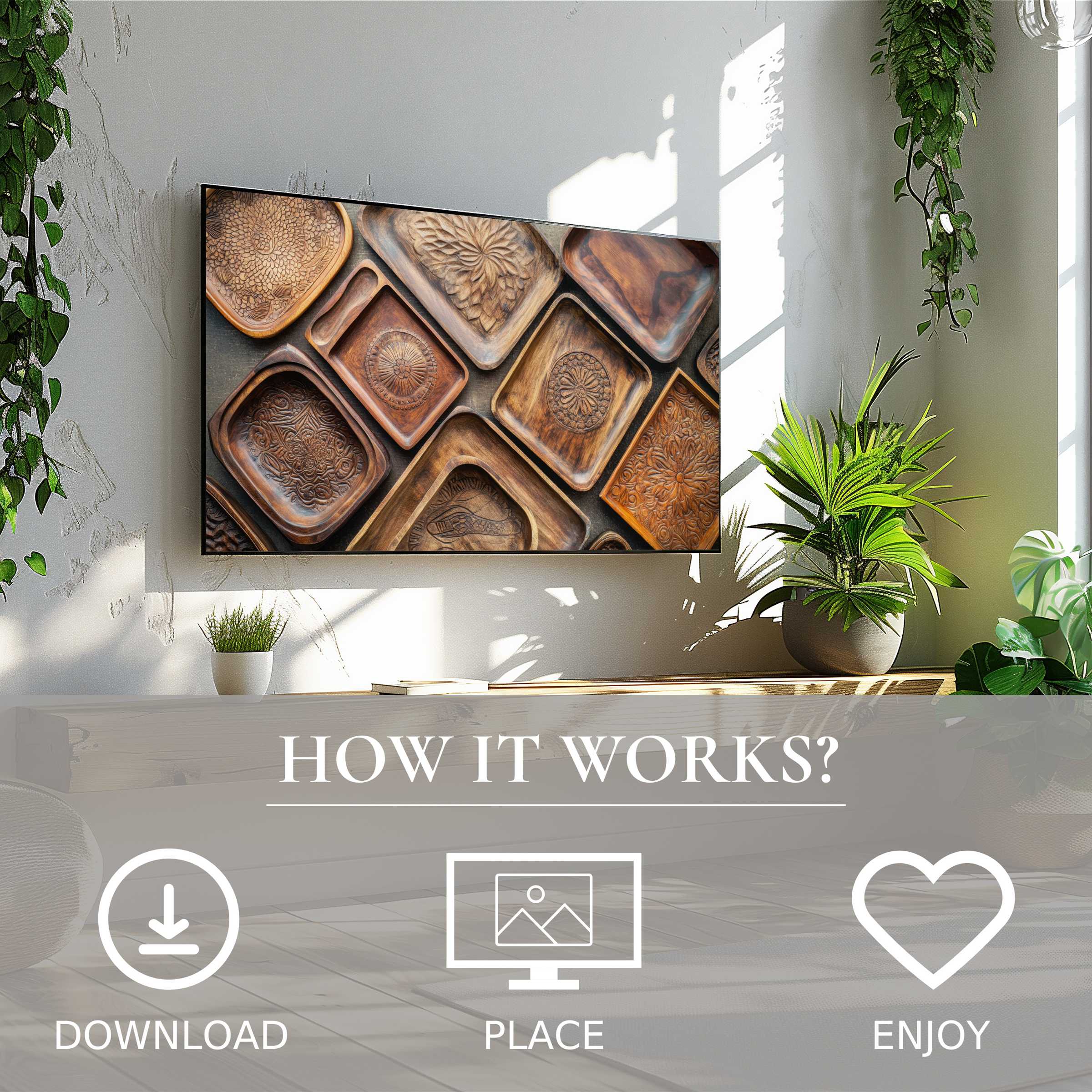 Boho art for Samsung TV shows warm carved wooden patterns, easy digital download enriches stylish living spaces