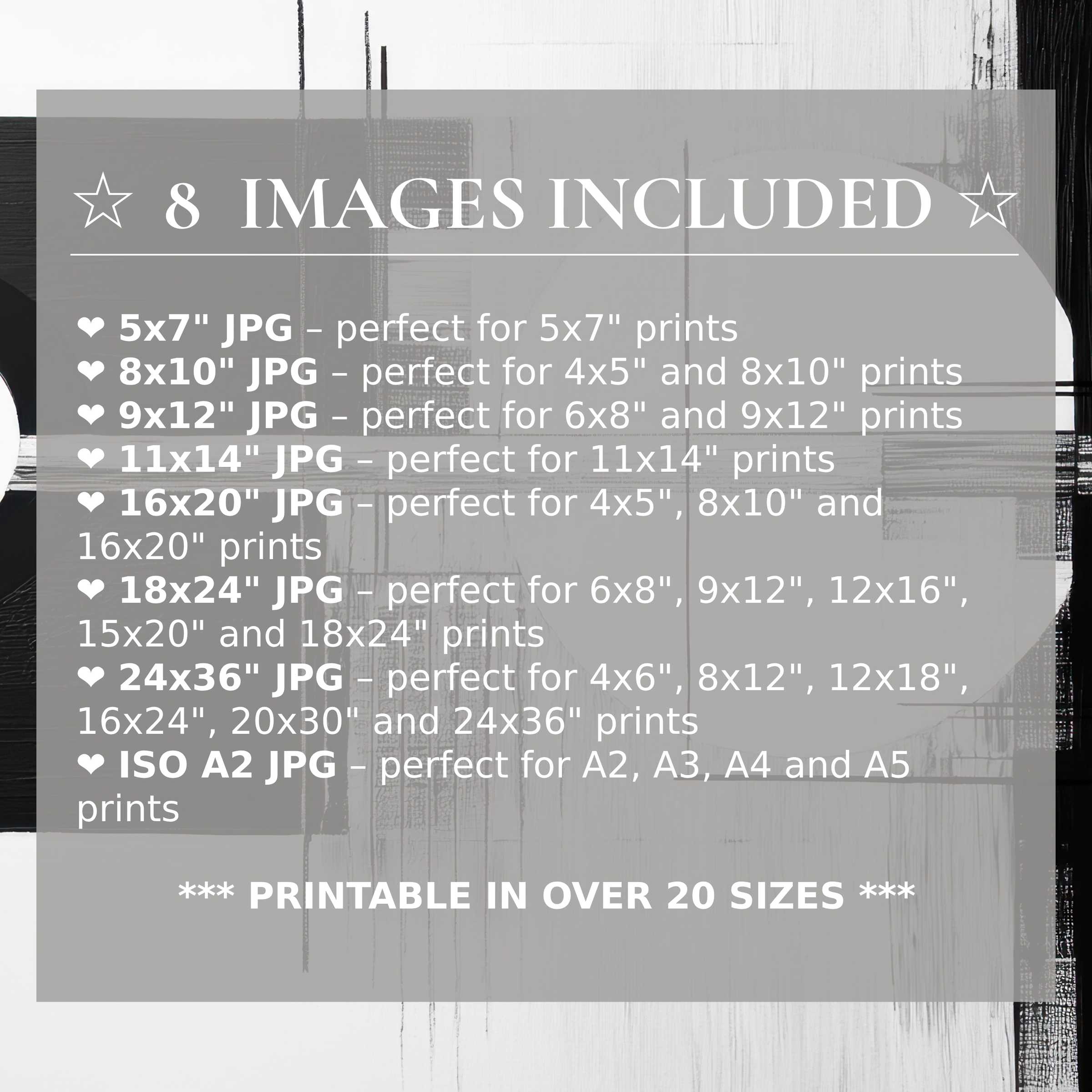 Modern digital print in contrasting black, white, and gray tones, radiating bold sophistication; includes 8 high-quality sizes to elevate any modern interior