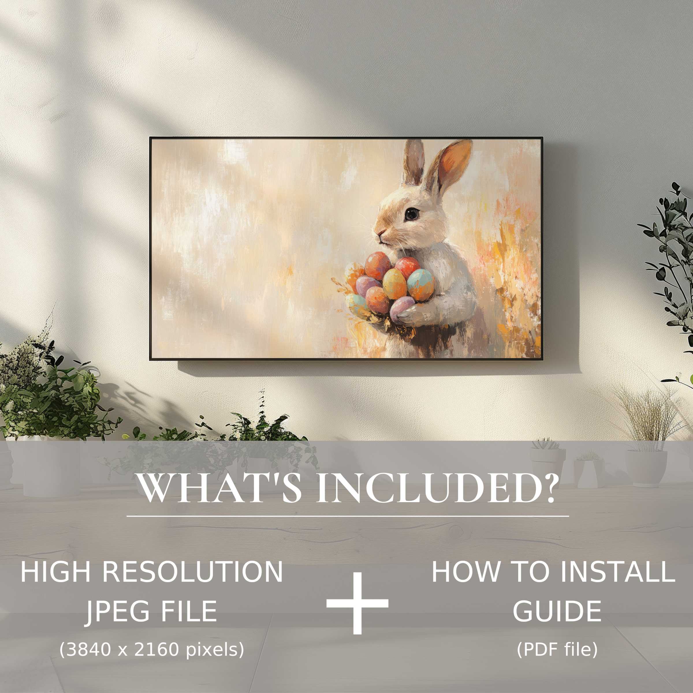 Elegant living room with easter digital TV art download, easy to install for a chic and vibrant space uplift