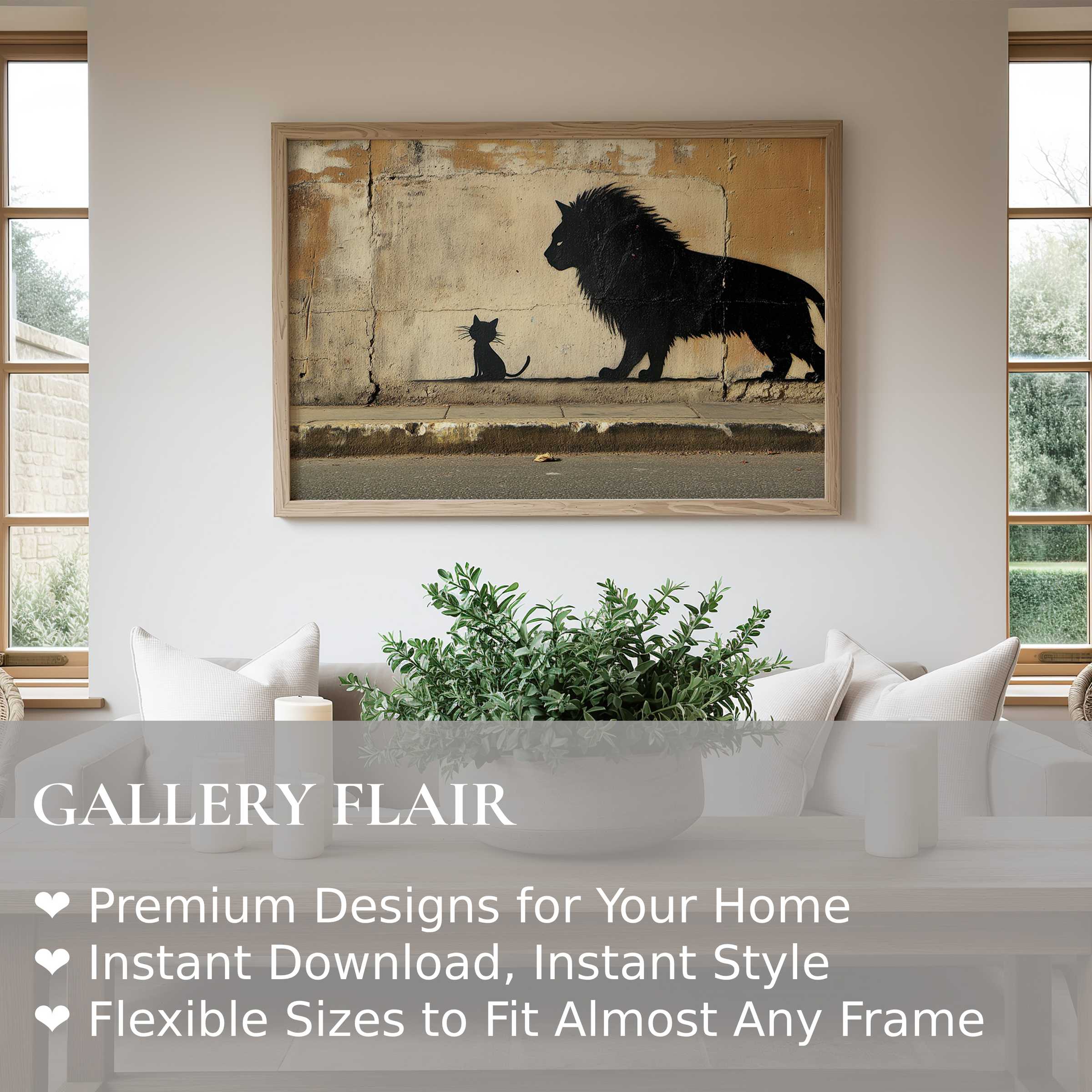 Street art wall art print featuring bold black silhouettes of a cat and lion on textured urban walls, enriching bright modern living spaces with edgy charm and narrative depth