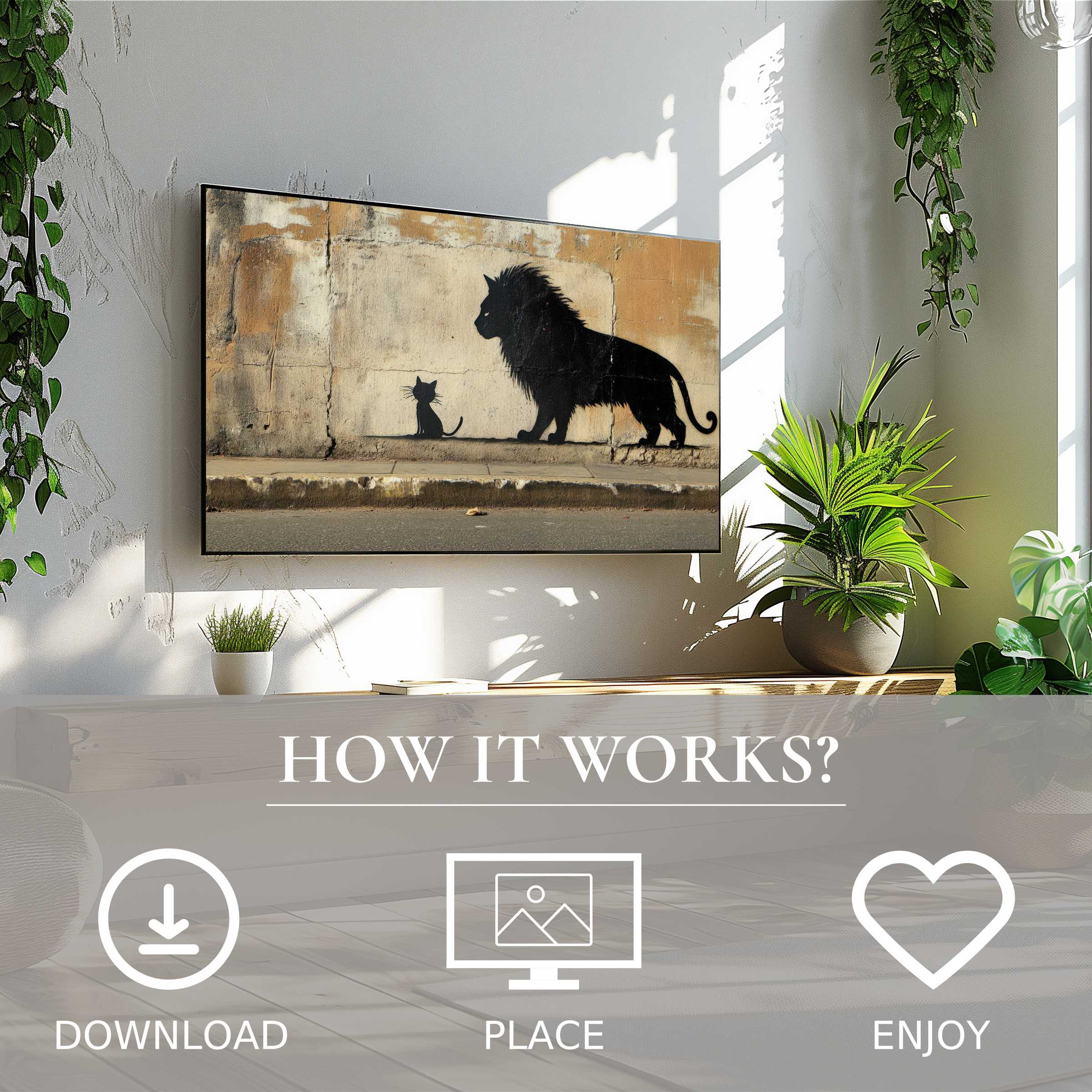 Modern living with street art for Samsung TV, easy digital download, motif shows bold black cat shadows enhancing space