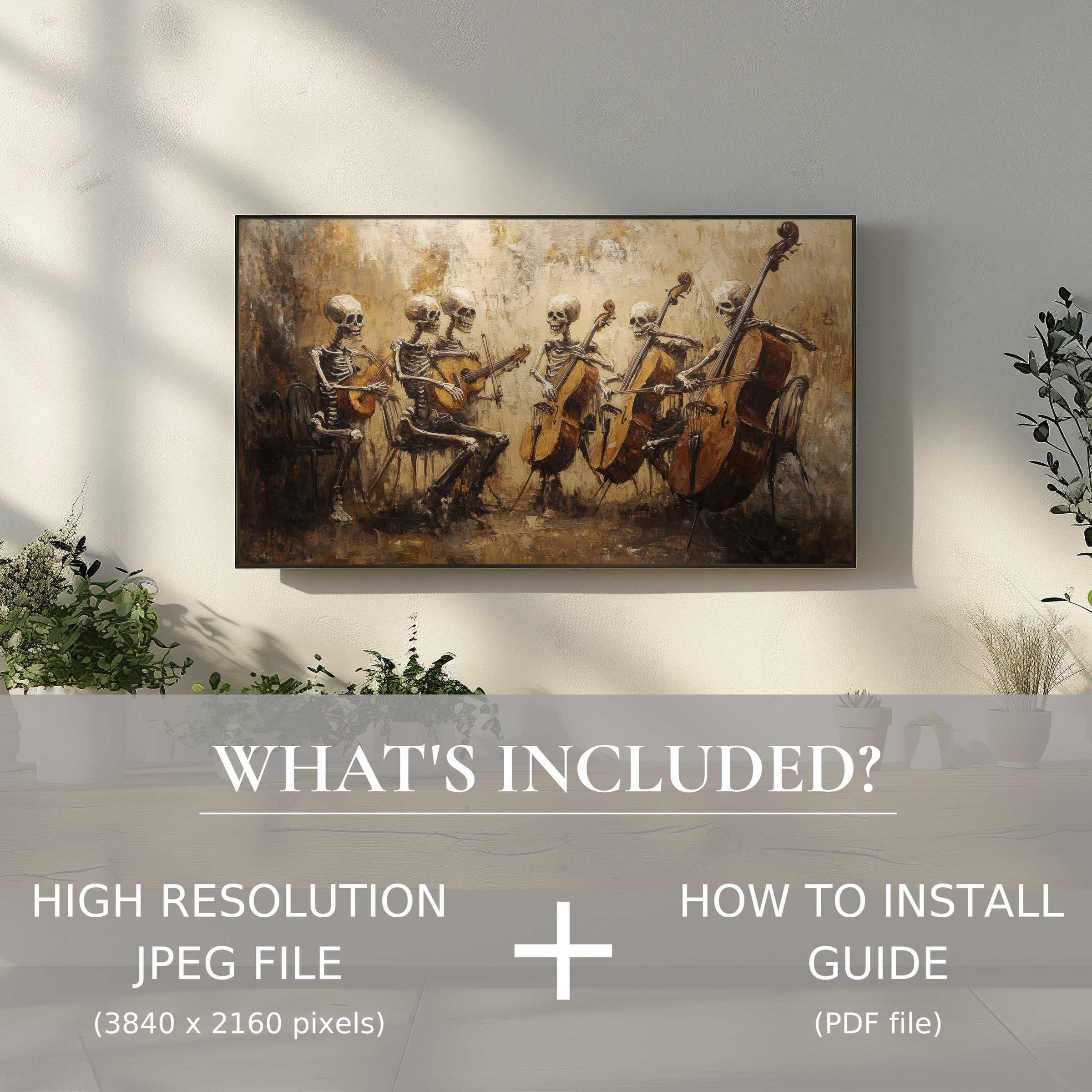 Elegant living room with skeleton orchestra on TV, easy halloween digital TV art download enhancing stylish spaces