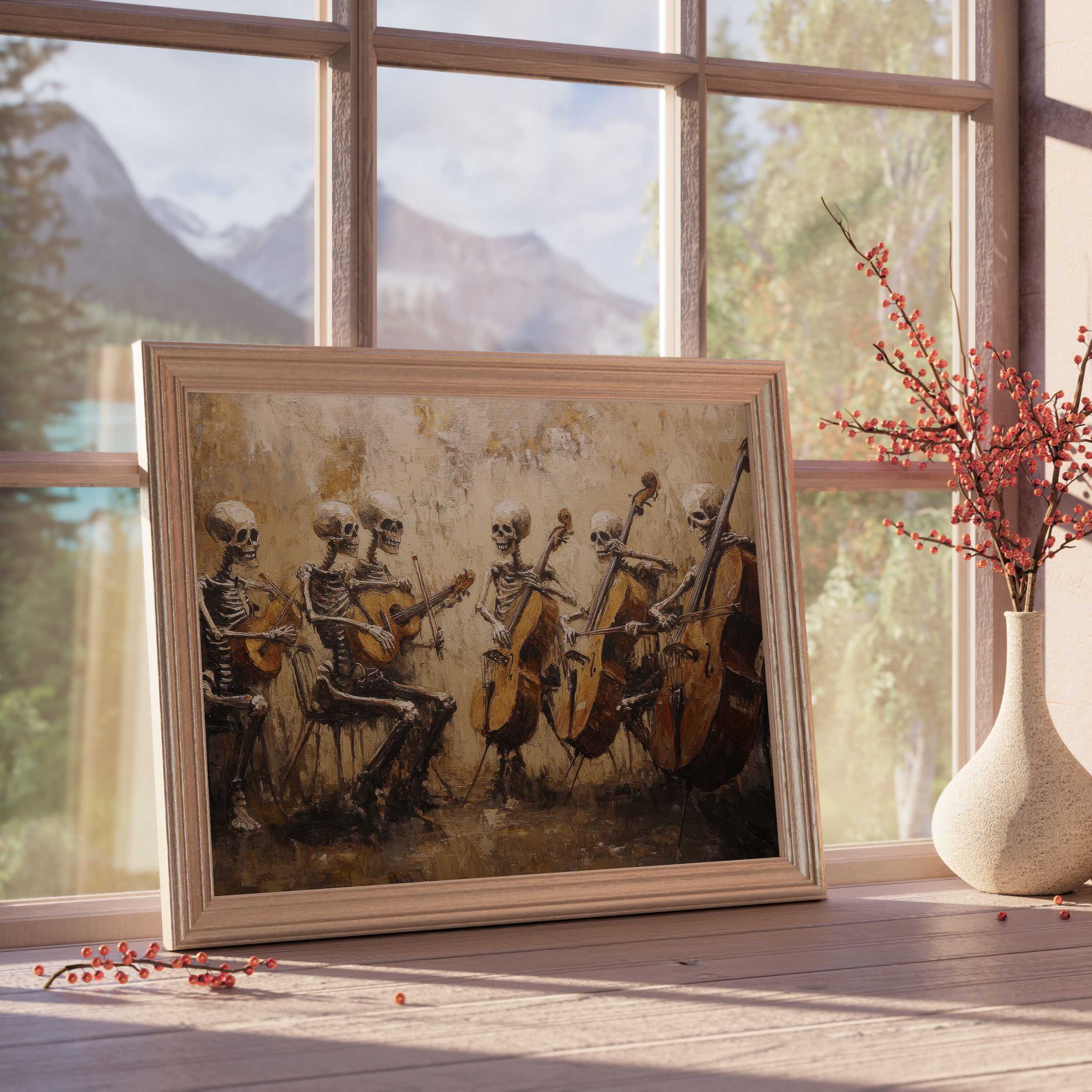 Halloween downloadable art featuring an elegant skeletal string ensemble, enriching curated interiors with moody charm and artistic flair