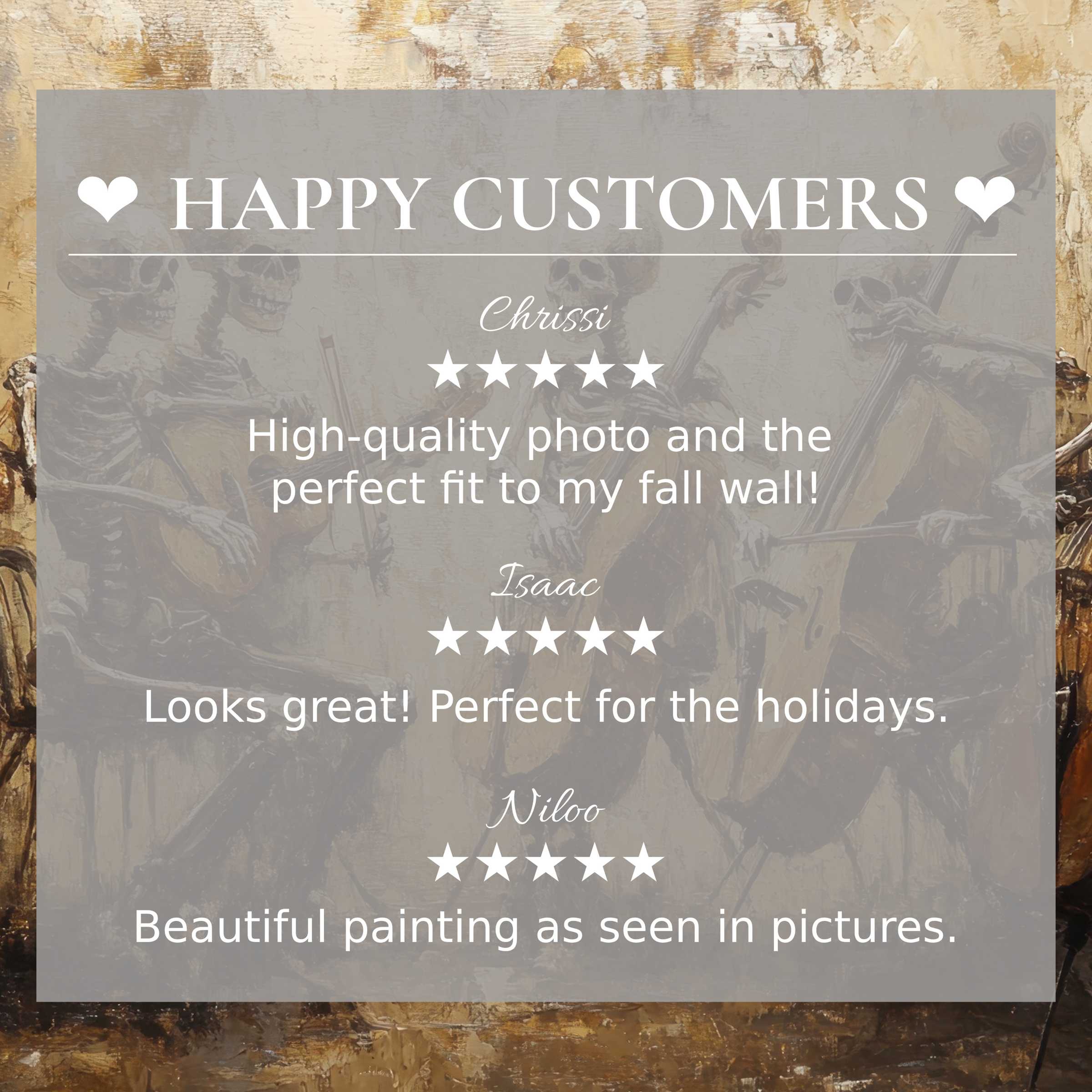 Elegant halloween art for Frame TV with muted sepia skeleton musicians; happy customer reviews build refined trust