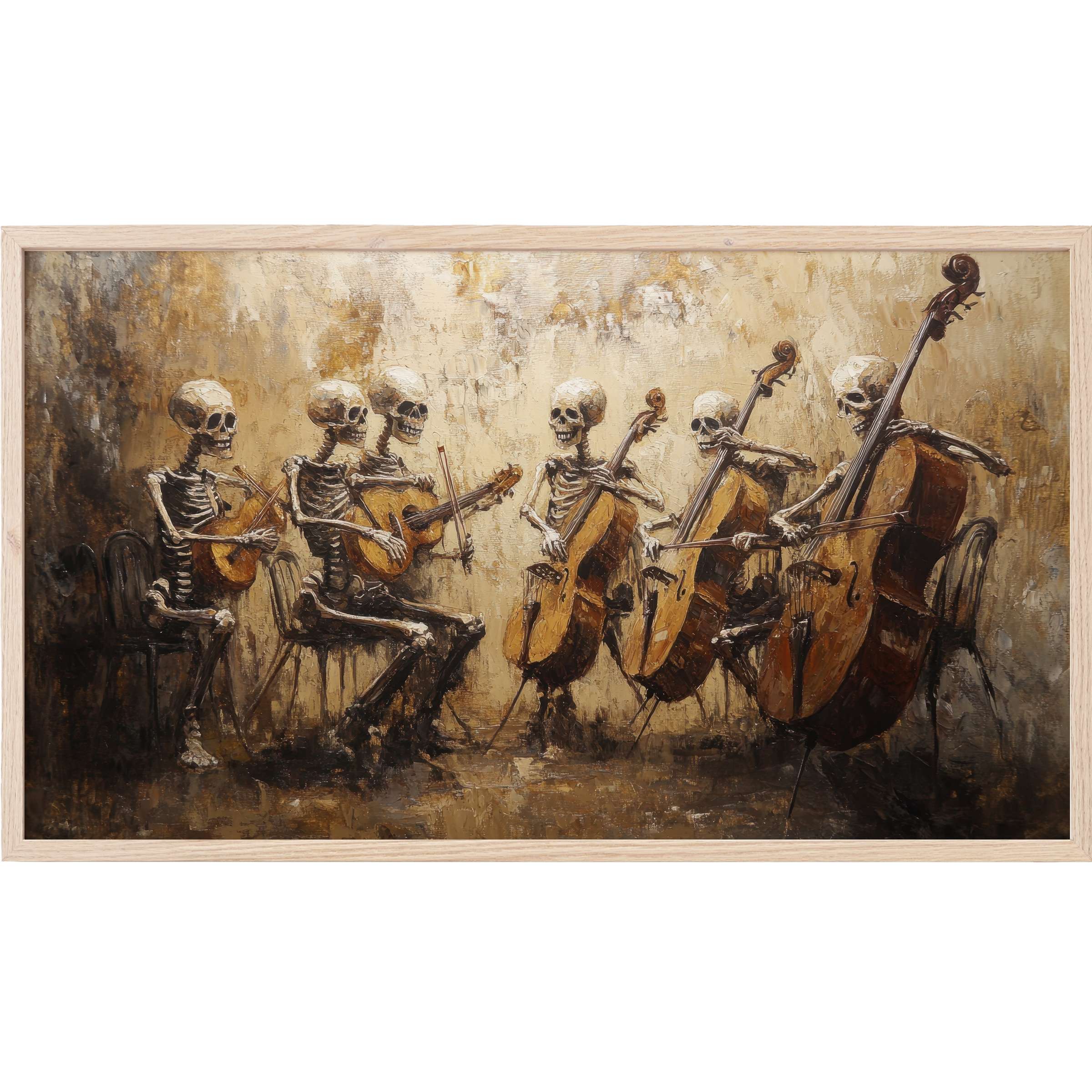 Halloween Frame TV Art: textured oil painting of six skeletal musicians in warm earth tones, rich shadows, and vintage style