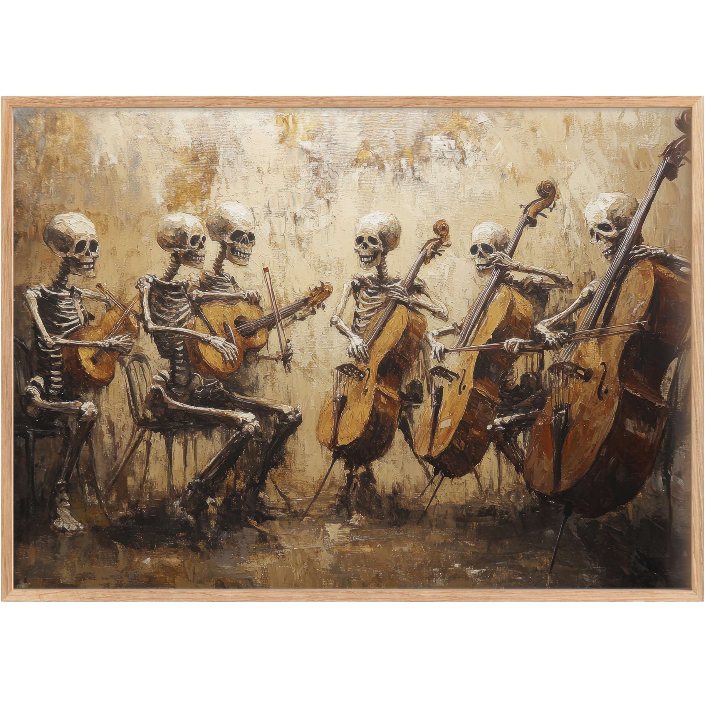 Ethereal skeleton ensemble in warm amber and sepia tones creates a captivating, hauntingly elegant mood-perfect Halloween printable wall art