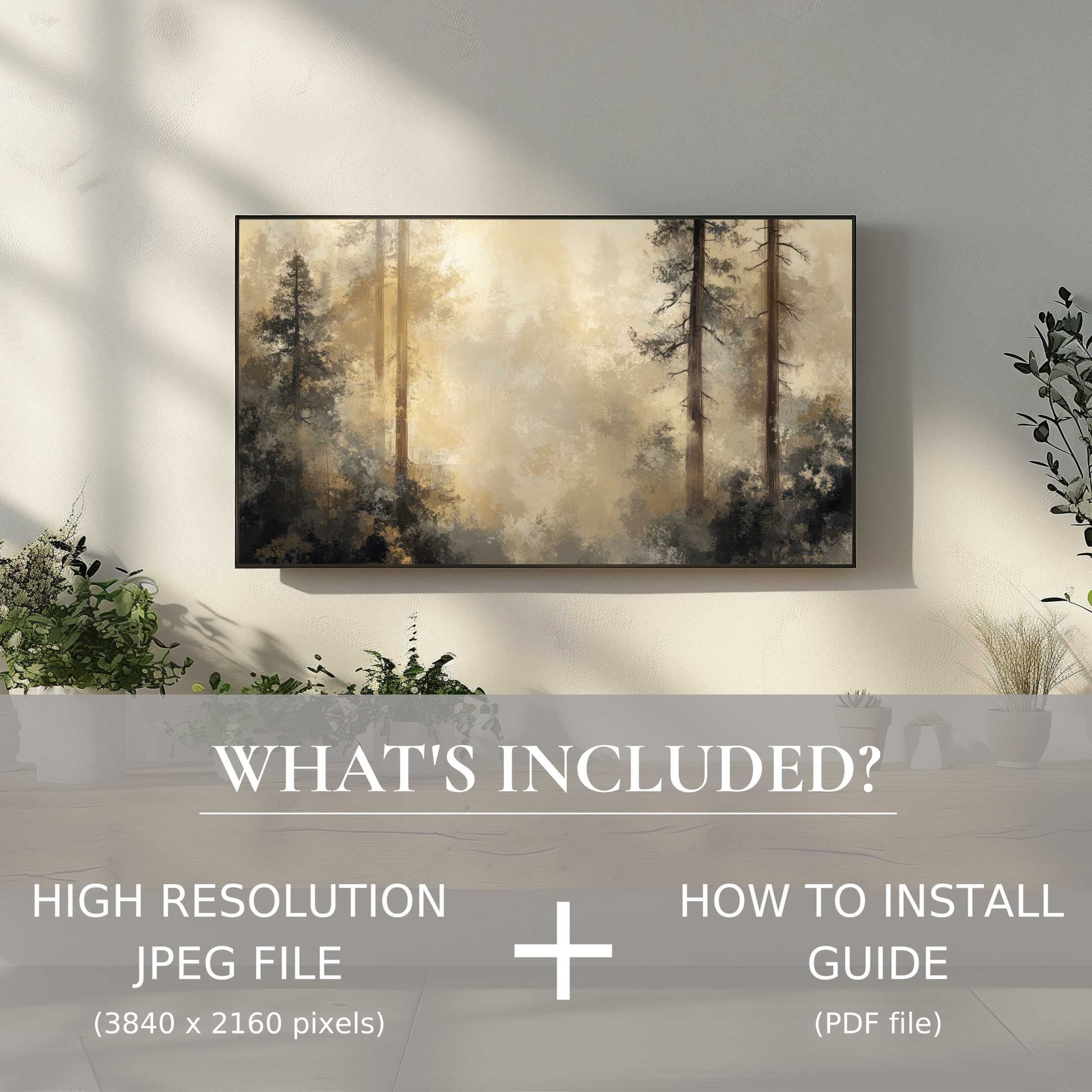 Elegant tree digital TV art download enhances living spaces with easy digital use in a serene, modern setting