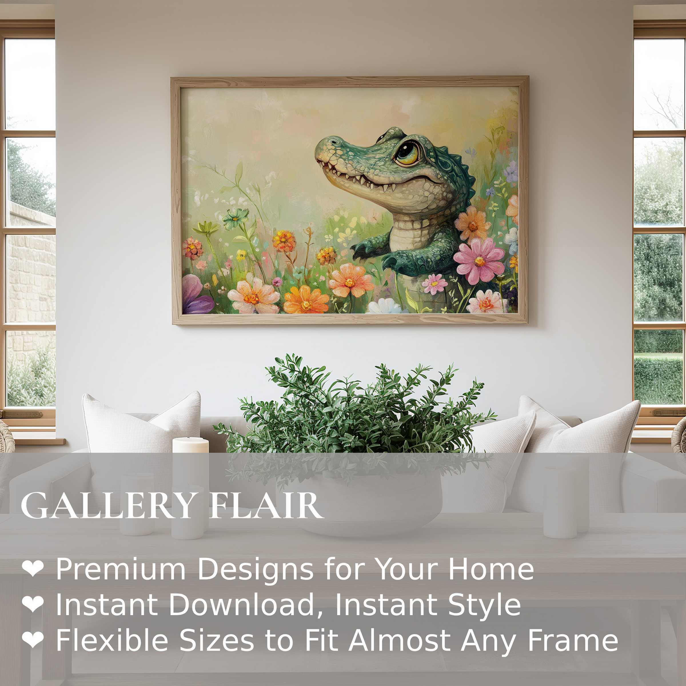 Whimsical nursery wall art print featuring a radiant baby alligator amid soft pastel blooms, enhancing modern cozy interiors with charm