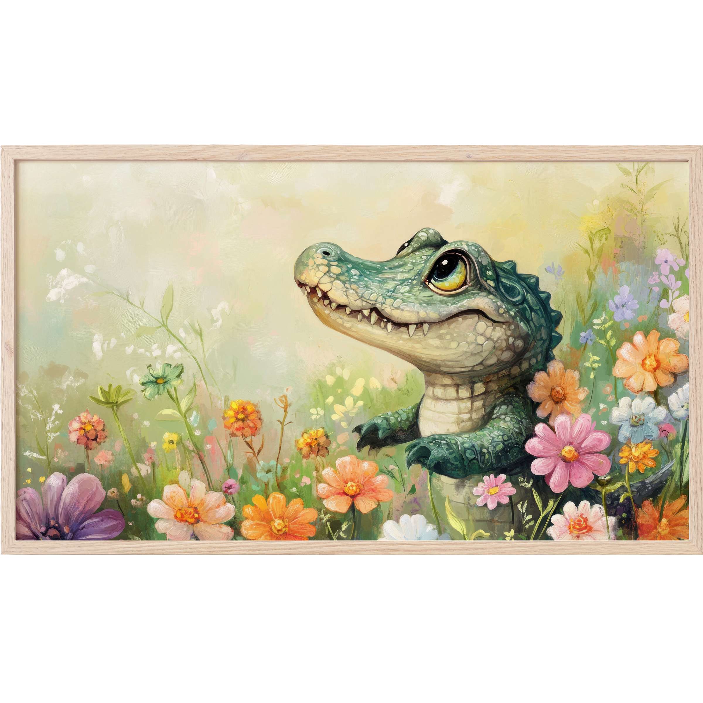 Charming baby alligator in soft pastels and vibrant florals, perfect nursery Frame TV Art for stylish nurseries