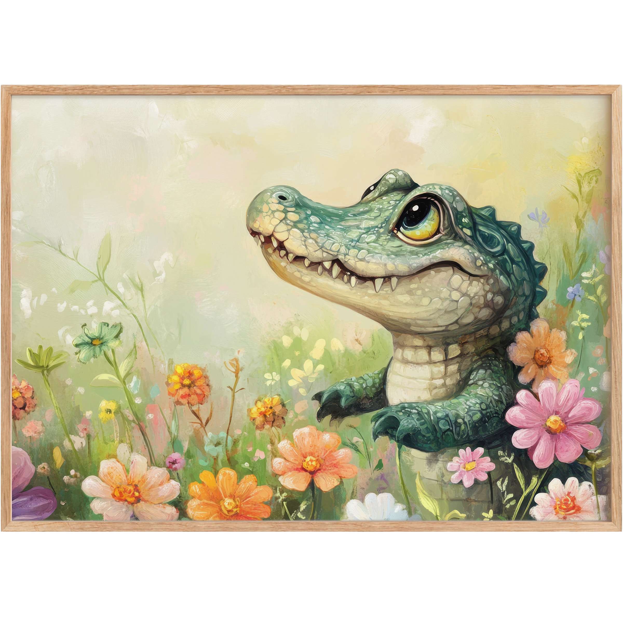 Charming nursery printable wall art featuring a delightful baby alligator surrounded by soft pastel blooms, evoking a serene, joyful ambiance