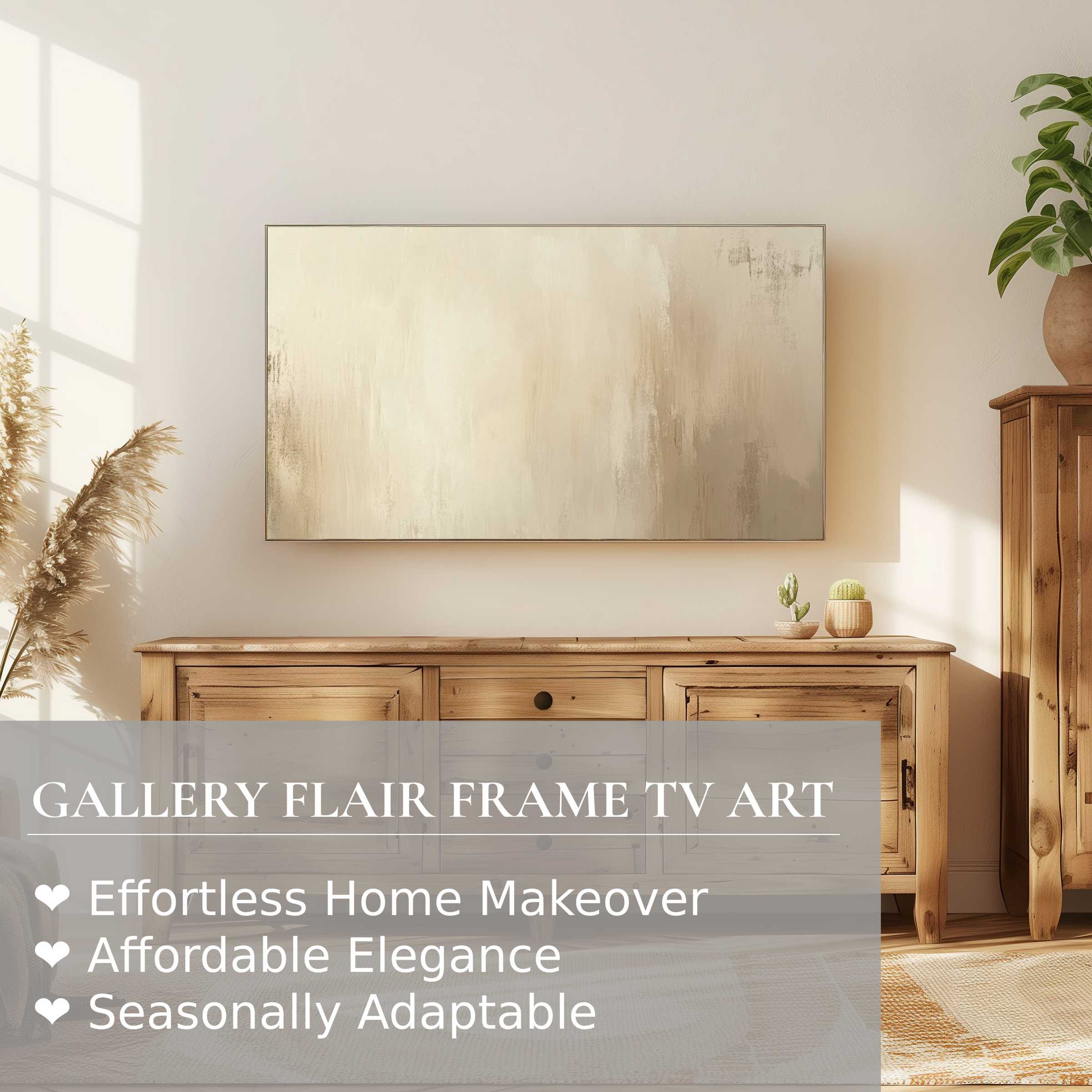 Samsung Frame TV displaying serene abstract digital artwork in a warm, modern living space with natural wood accents