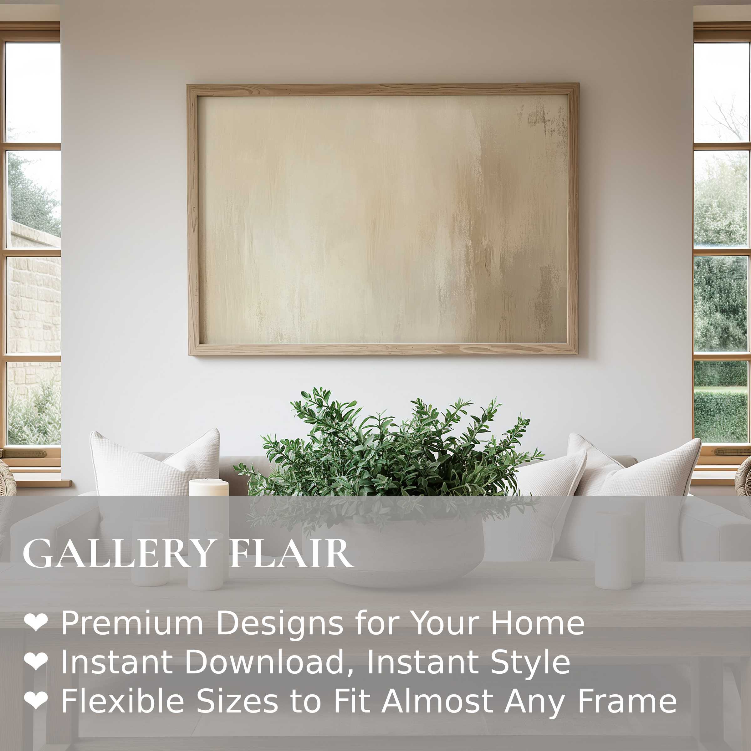 Abstract wall art print in neutral tones adds radiant calm and understated elegance to this modern, minimalist living room
