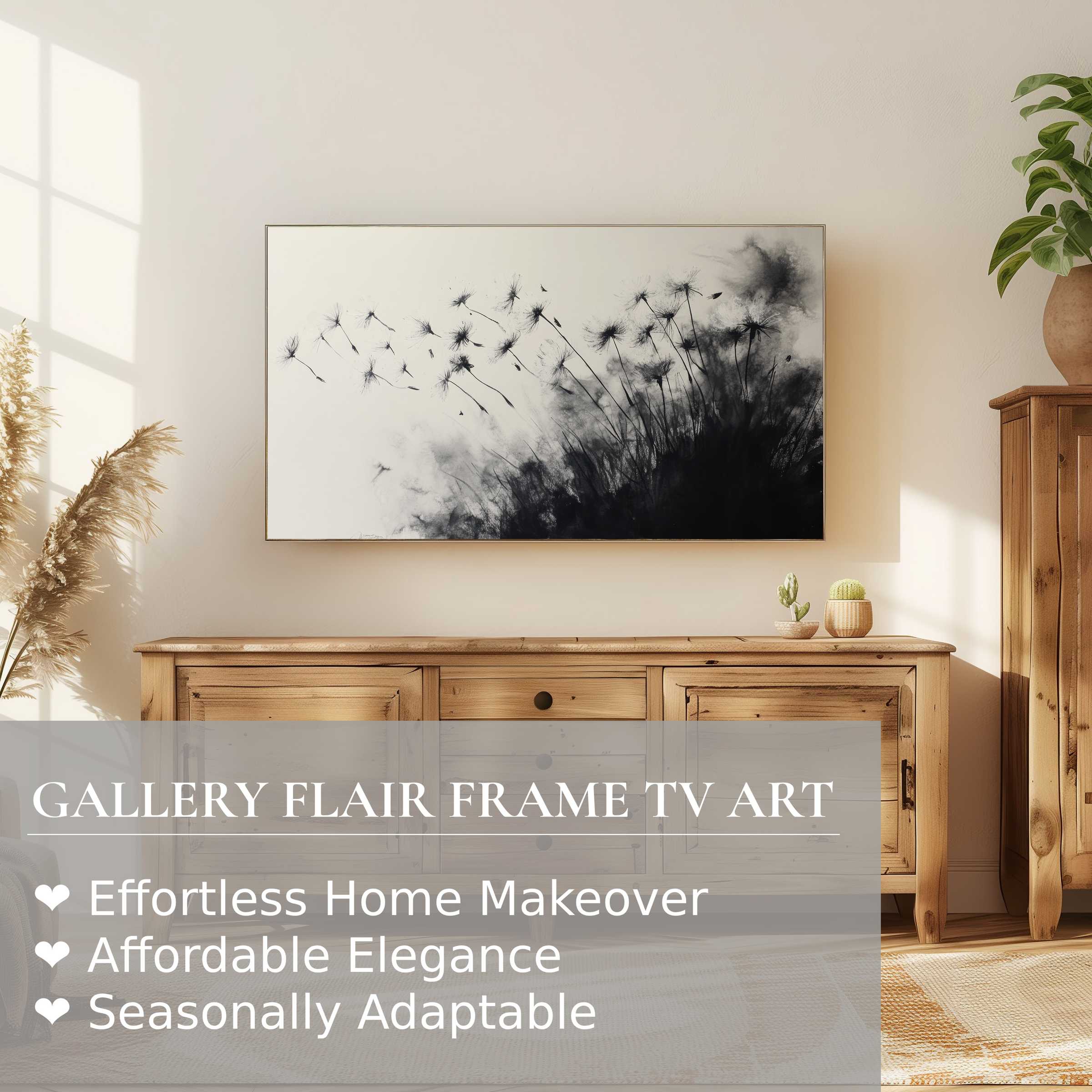 Samsung Frame TV showcasing serene black and white digital artwork of dandelions in a stylish modern living room