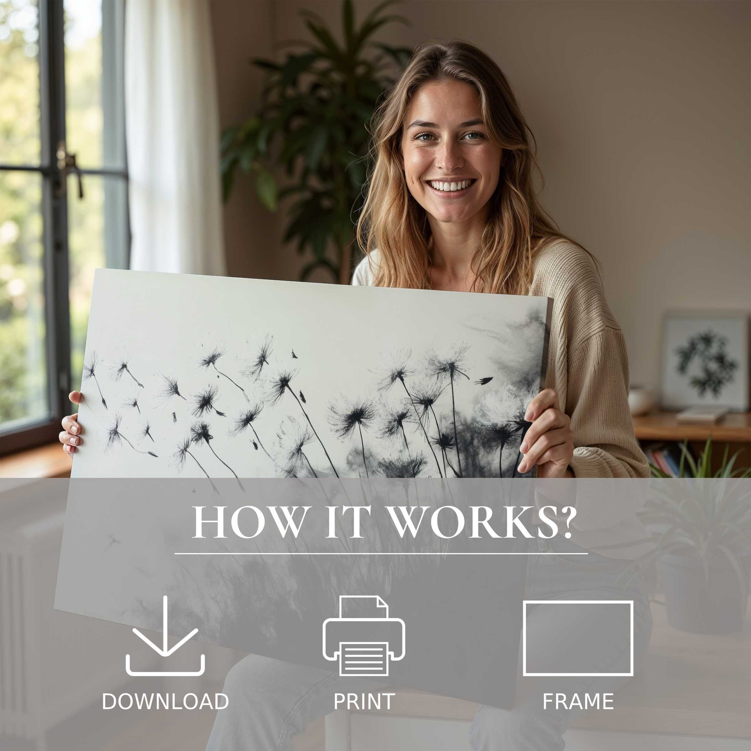 A radiant moment of serene joy as a woman reveals a black and white digital art print in a stylish, modern home-embracing the effortless elegance of living with art through seamless download, print, and frame