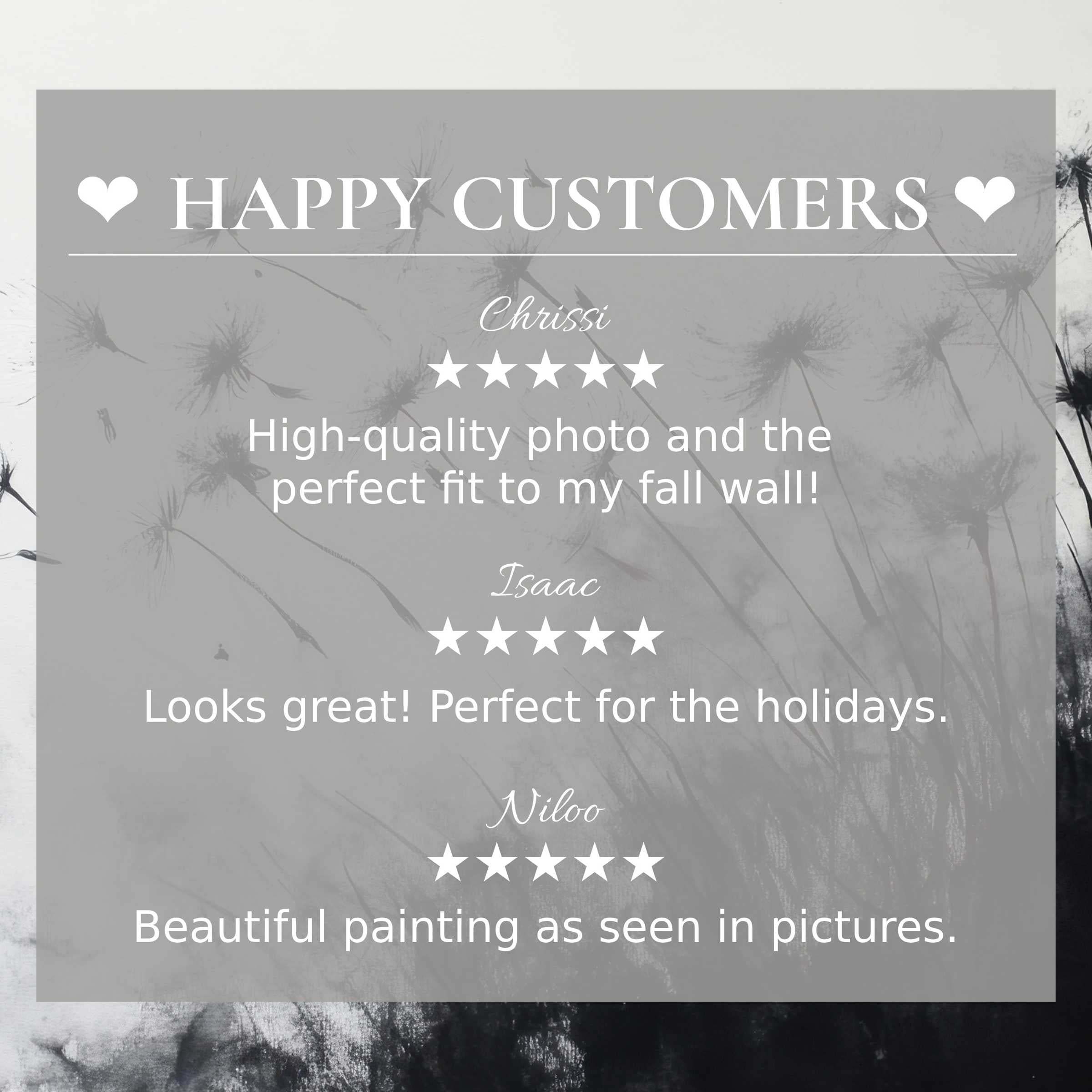 Black and white art for Frame TV with dandelion motif, highlighting happy customer reviews and stylish trust