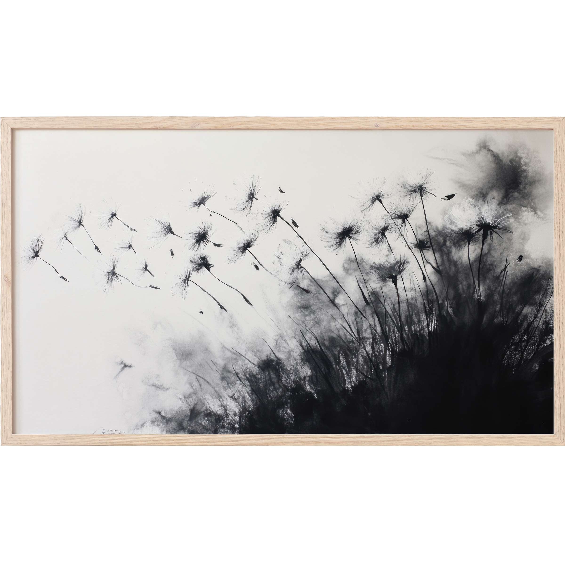 Elegant monochrome dandelion seeds blow softly in black and white Frame TV Art with a delicate, modern style