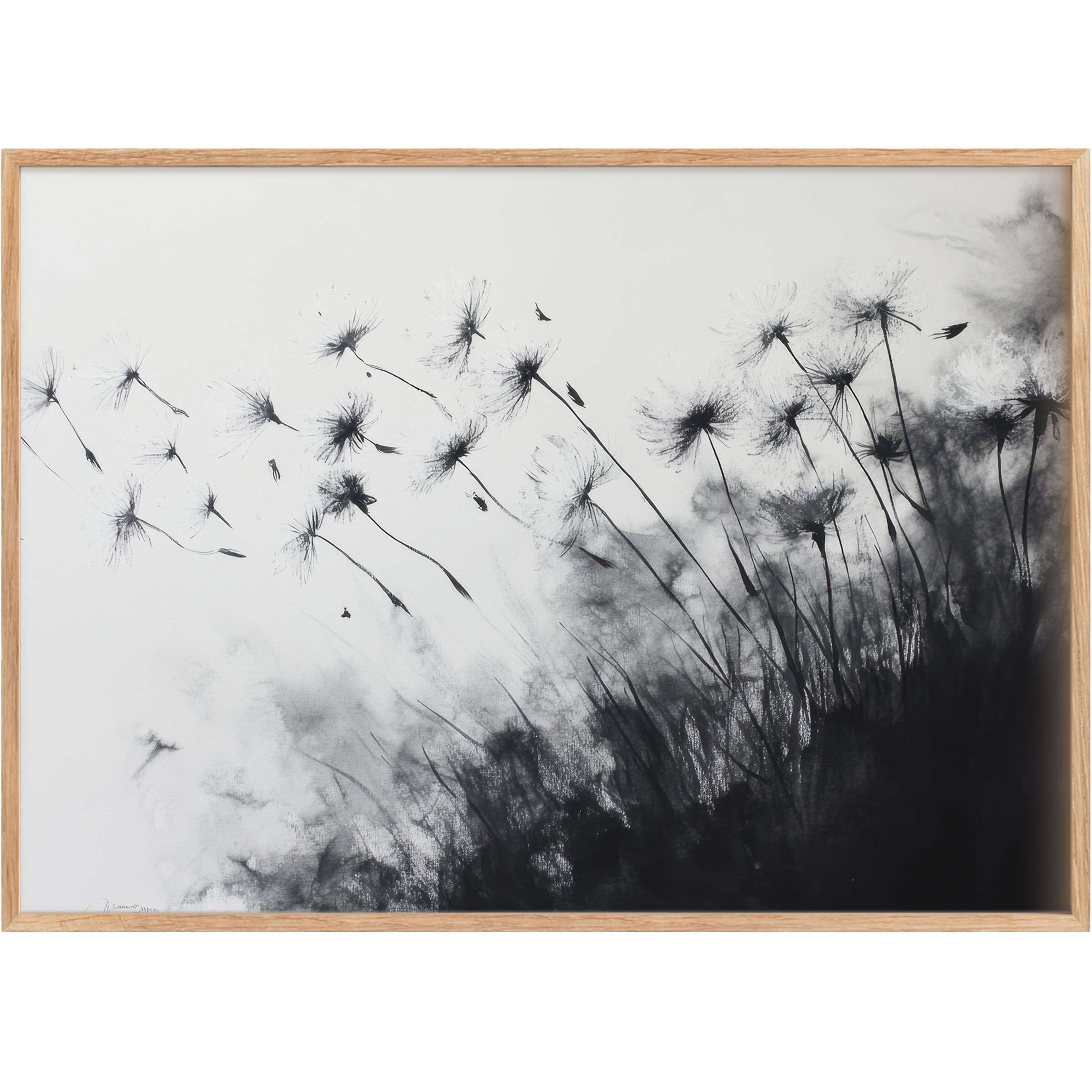 Elegant black and white printable wall art captures delicate dandelions in gentle flight, evoking a serene and airy ambiance
