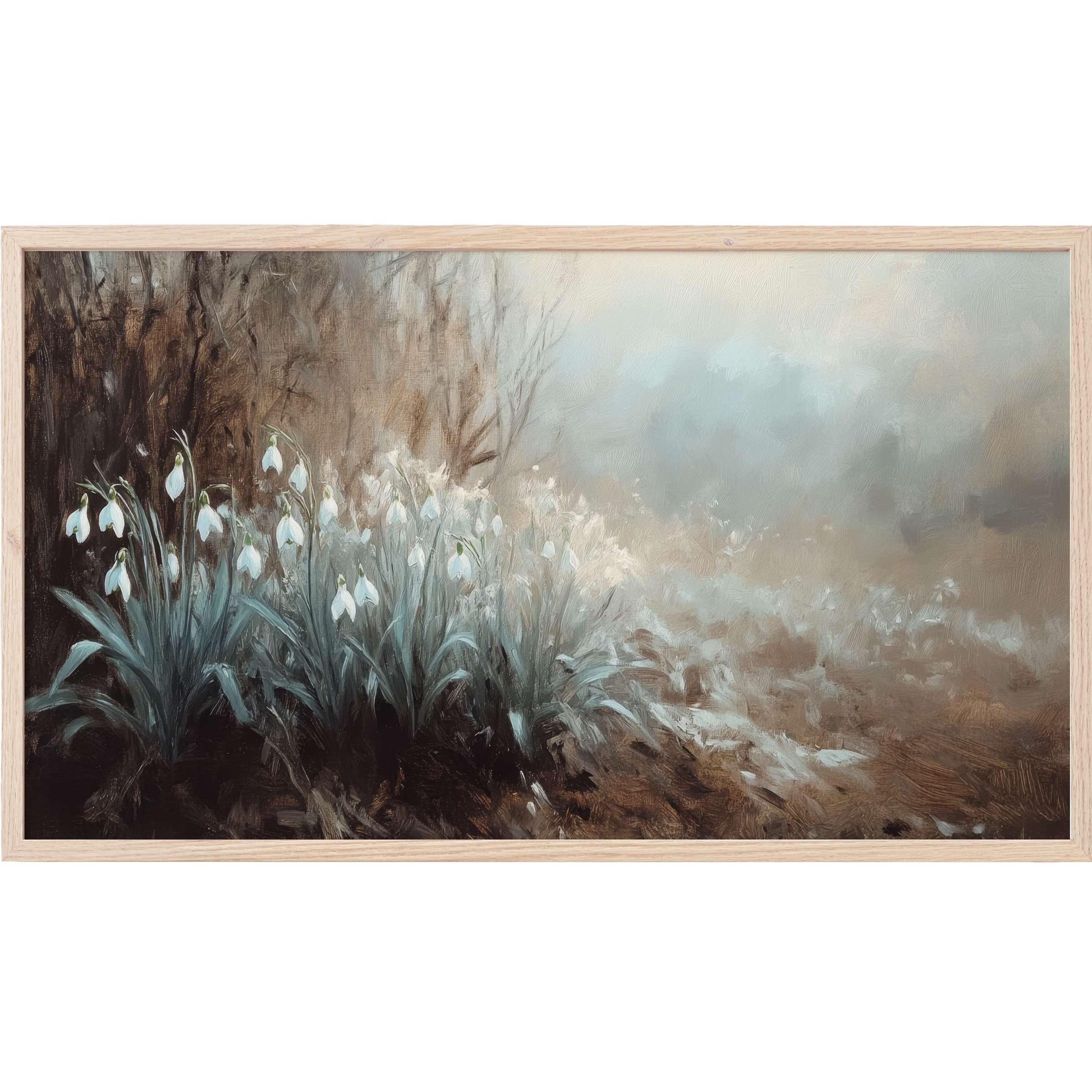 Elegant botanical Frame TV Art showcasing soft white flowers and muted blues against a misty, earthy background