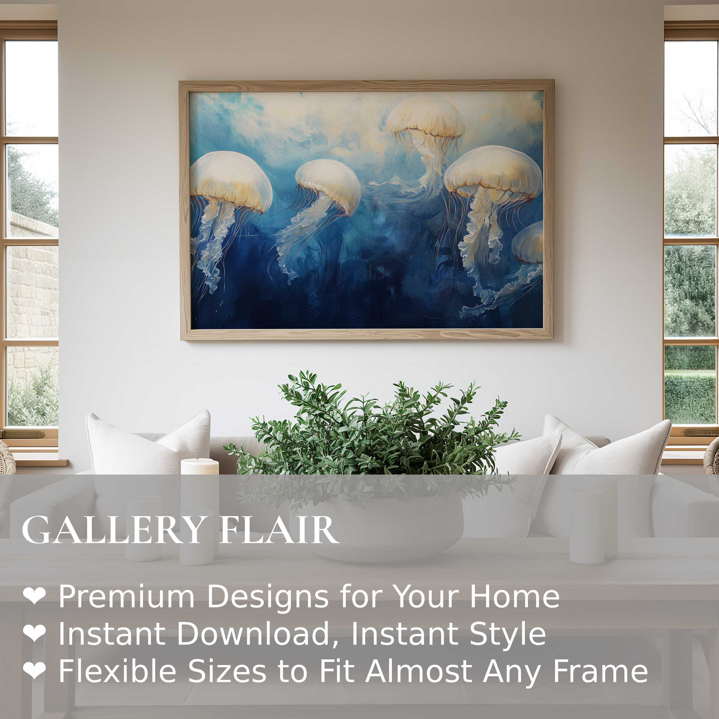 Coastal wall art print featuring ethereal jellyfish in deep blues, enhancing serene modern living rooms with calming ocean elegance