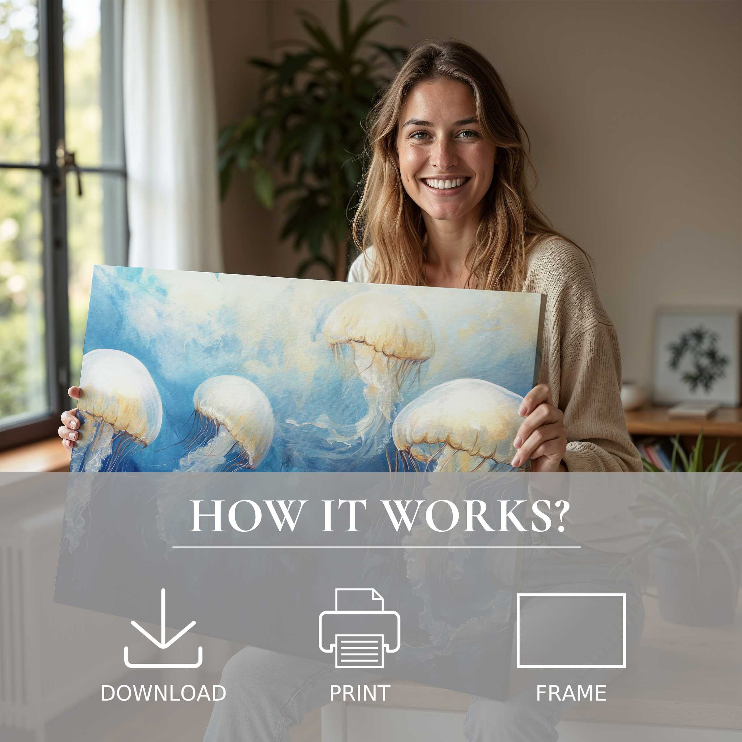 Coastal digital art print brings serene joy and effortless elegance to modern living spaces, inspiring heartfelt connection