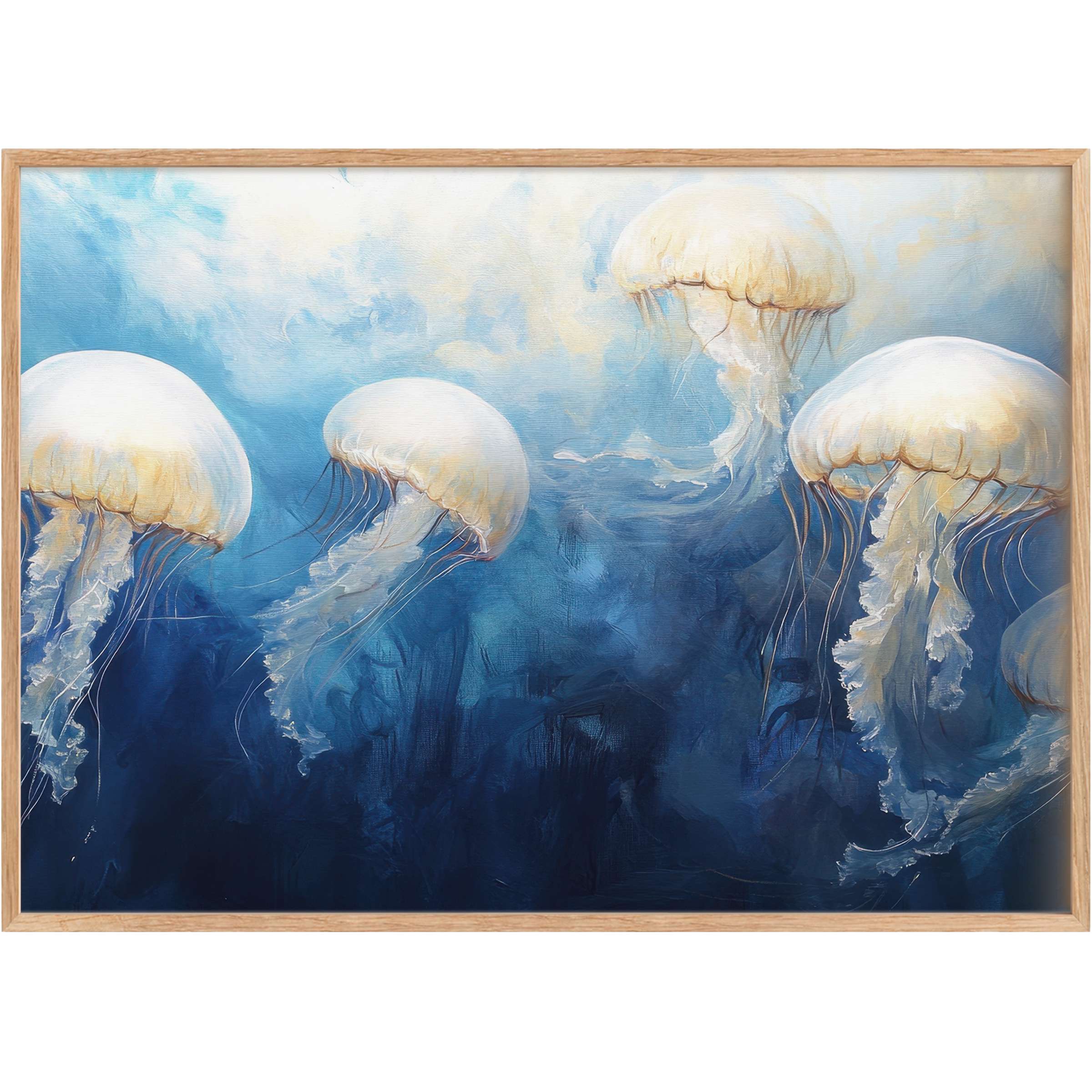 Coastal printable wall art featuring graceful jellyfish in deep navy and soft cream tones, evoking a serene, ethereal ambiance