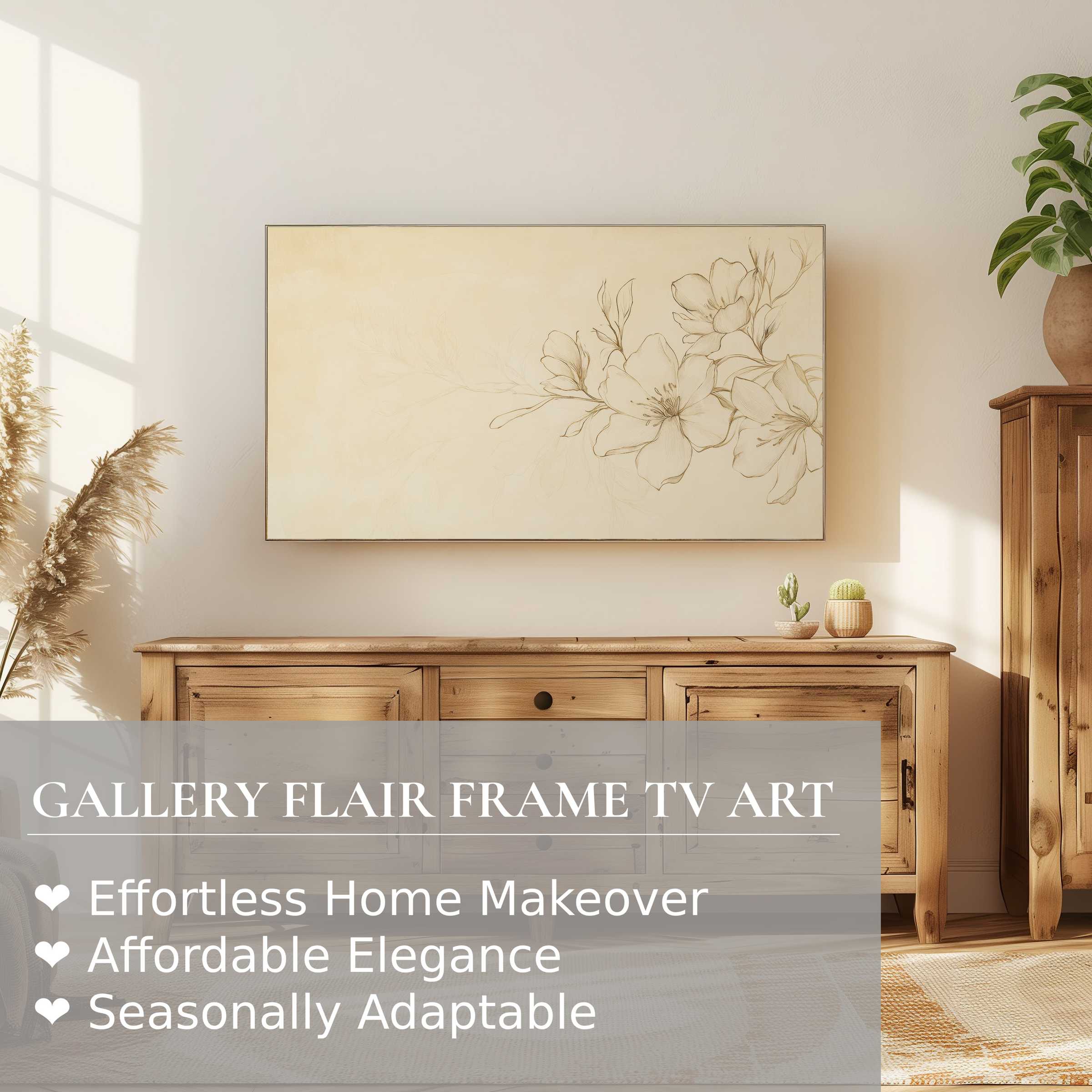 Samsung Frame TV displaying serene, beige floral digital artwork in a warm, modern living space with natural wood accents