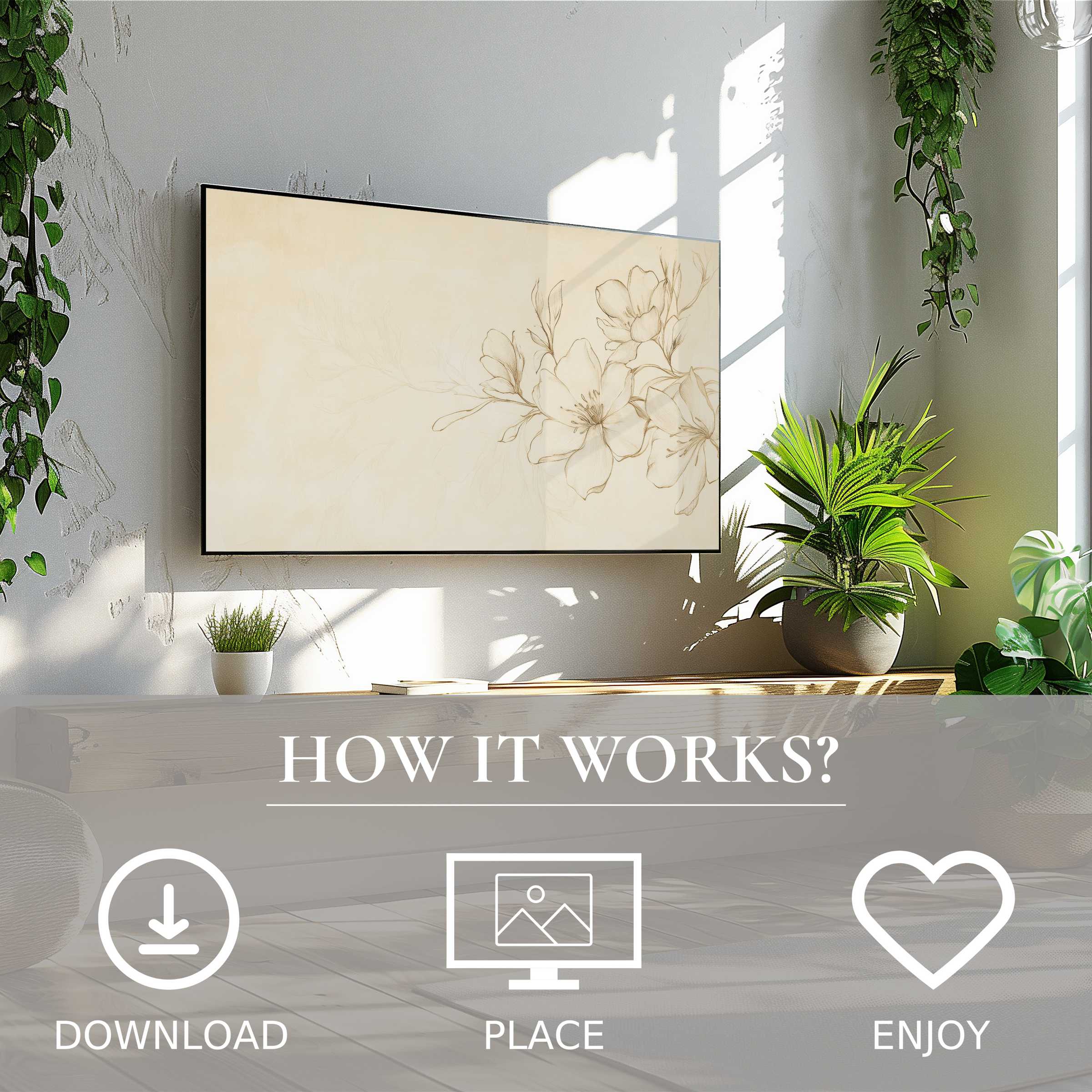 Floral art for Samsung TV with soft beige tones, simple digital download enhances modern, plant-filled living spaces