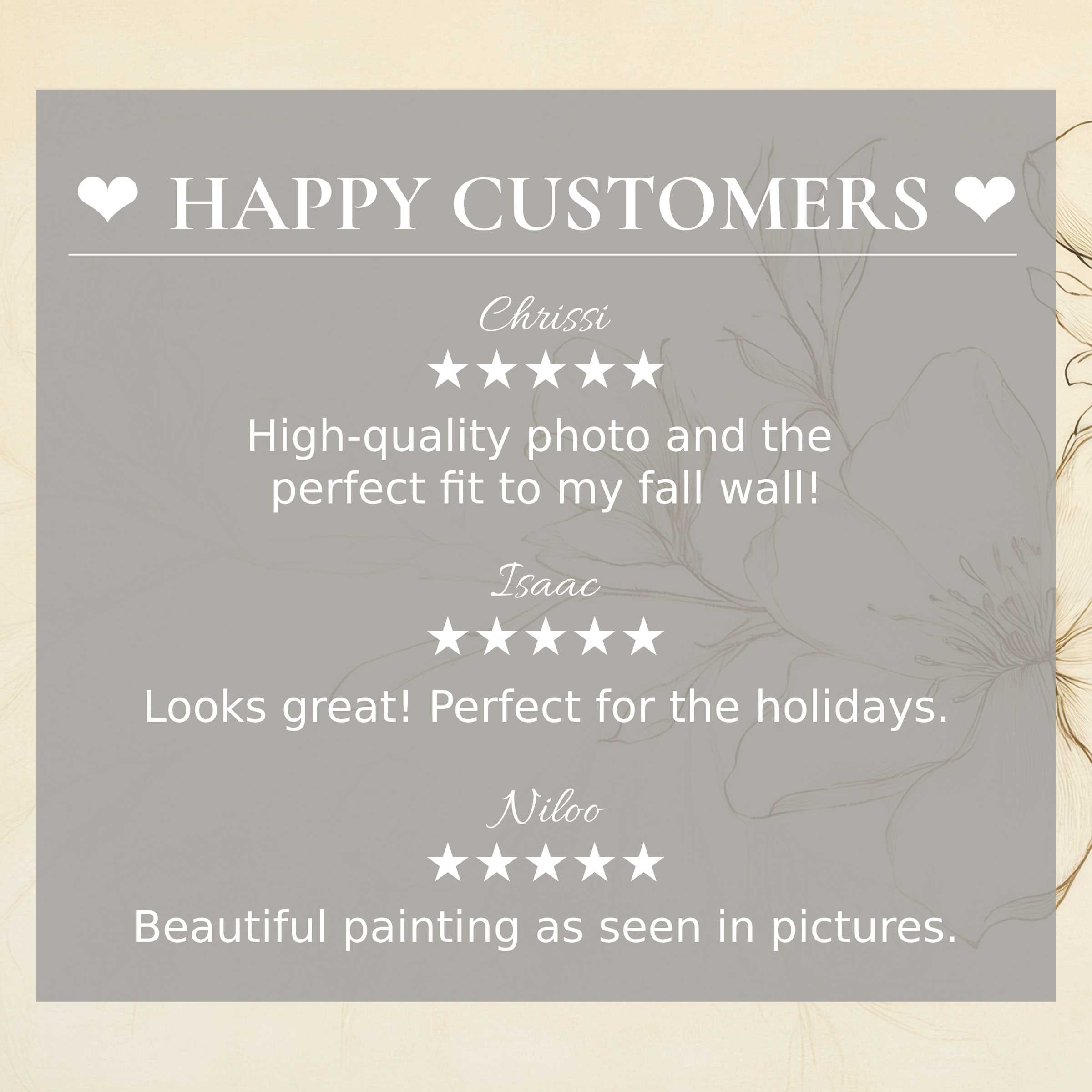 Floral art for Frame TV with soft neutral florals, showcasing glowing reviews from happy customers, exuding refined elegance