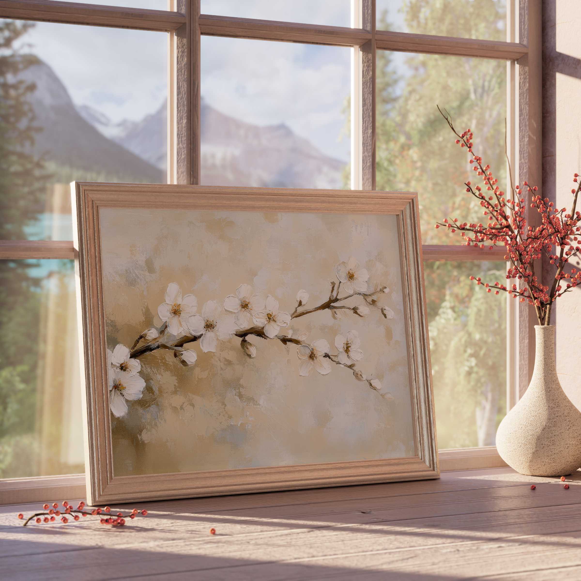 Spring downloadable art of delicate white blossoms on a textured branch, infusing serene elegance into curated, tranquil interiors