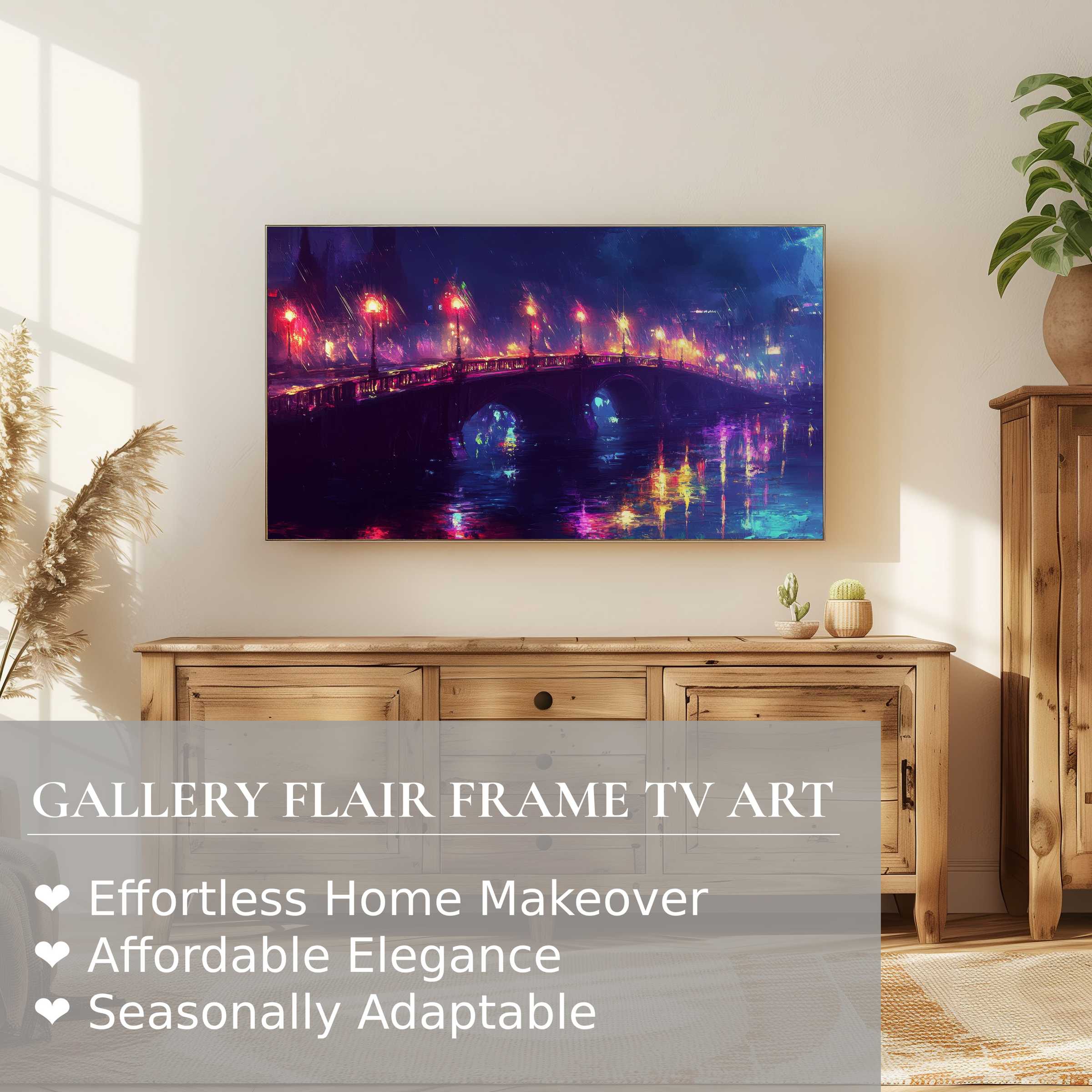 Samsung Frame TV displaying vibrant urban digital artwork of a rain-soaked city bridge in a chic living space