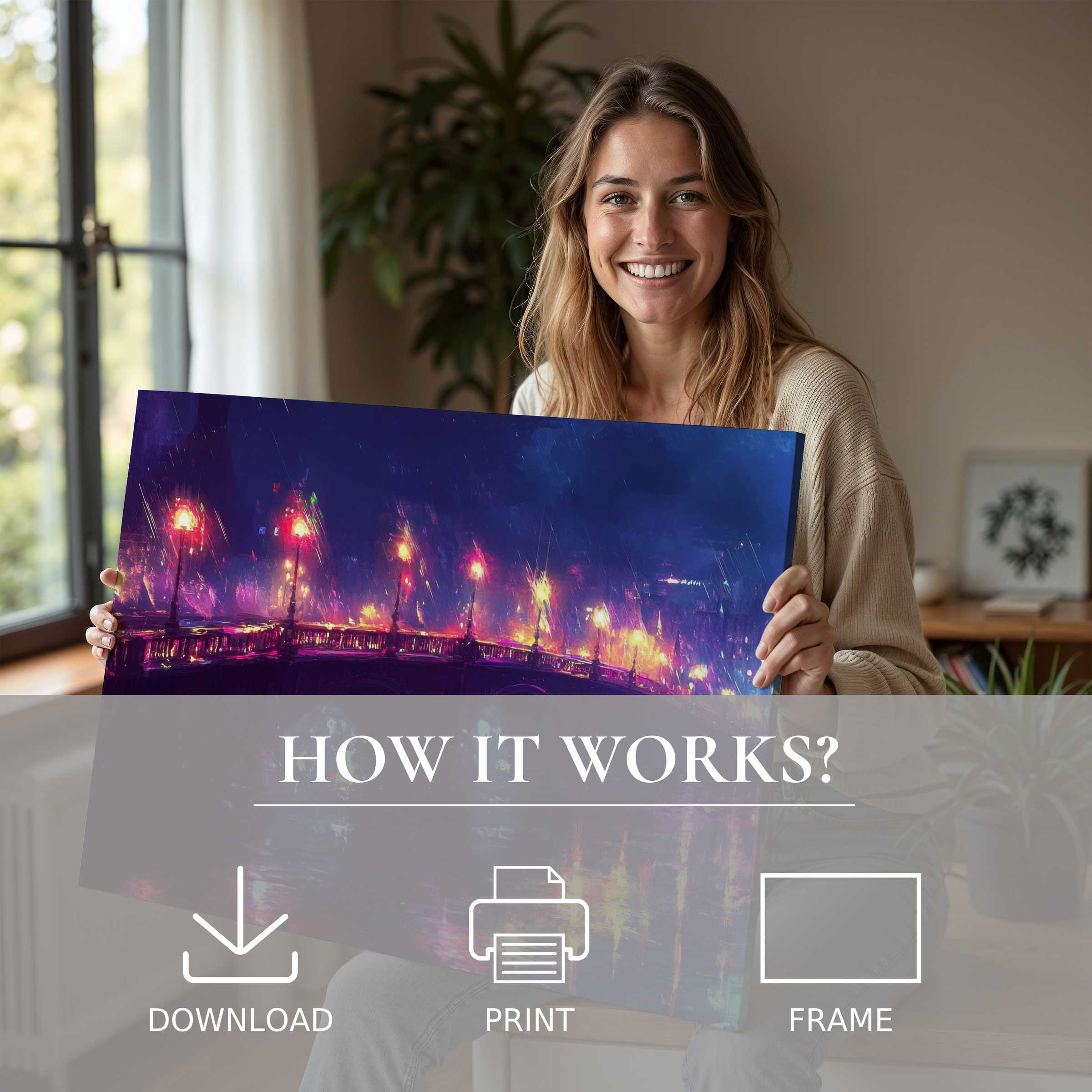 Bright urban digital art print glowing with vibrant city lights, embraced in a modern home, elevating everyday joy with effortless style