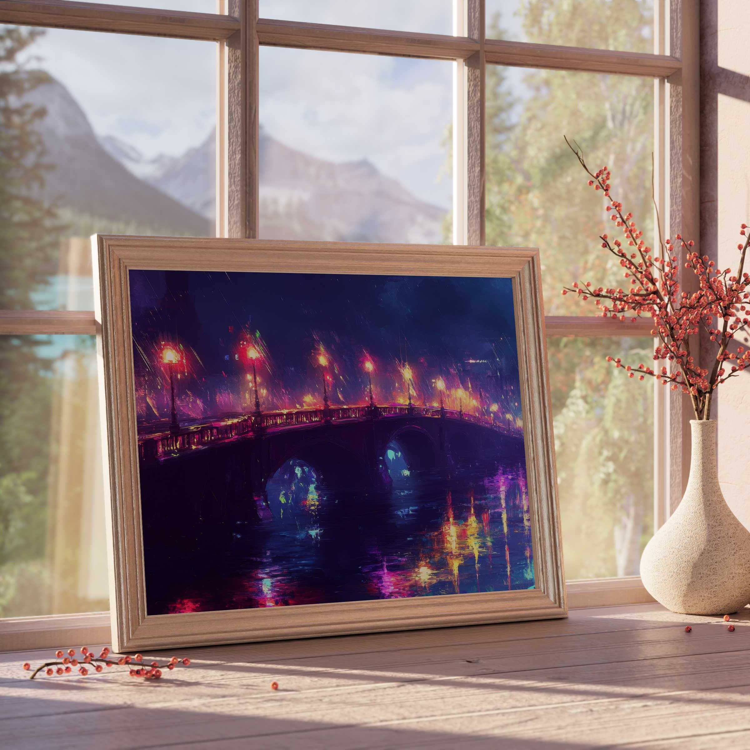 Urban downloadable art depicting a luminous city bridge aglow with vibrant reflections, elevating chic, tranquil interiors