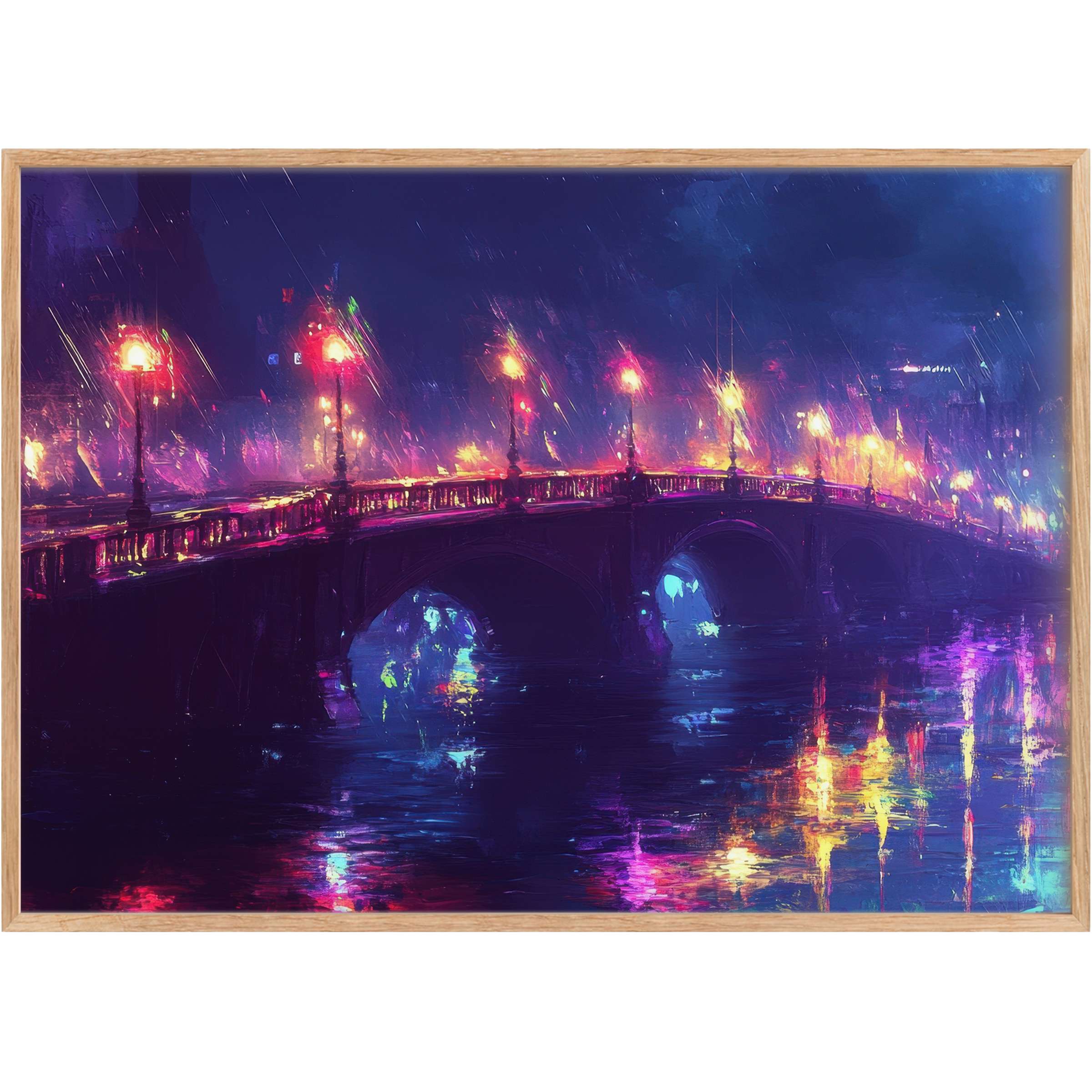 Urban printable wall art capturing a luminous city bridge at night, glowing with vibrant purples, blues, and golden streetlights for a mesmerizing, serene ambiance
