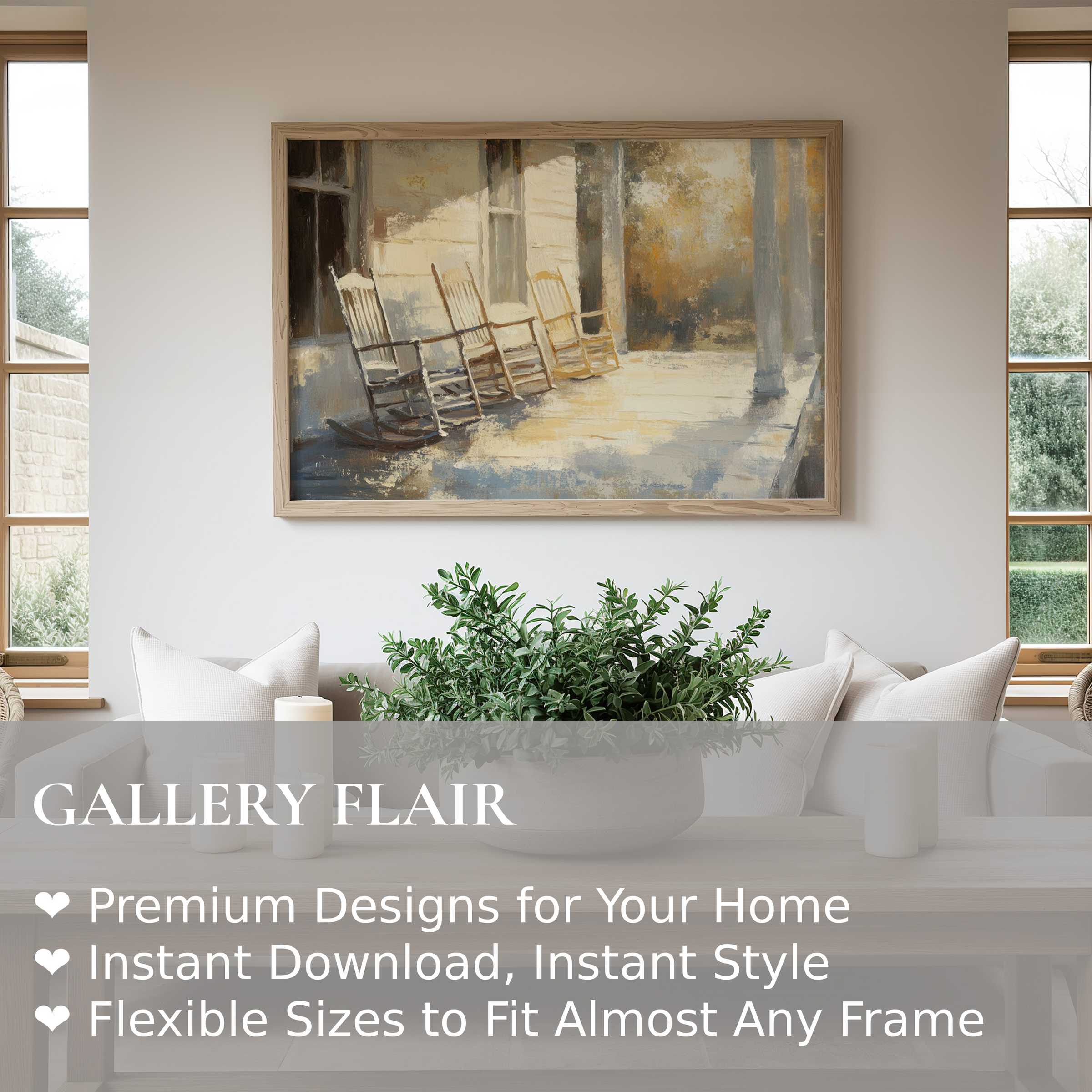 Farmhouse wall art print of sunlit rocking chairs evokes serene rustic charm, enriching modern farmhouse interiors with warm, inviting elegance