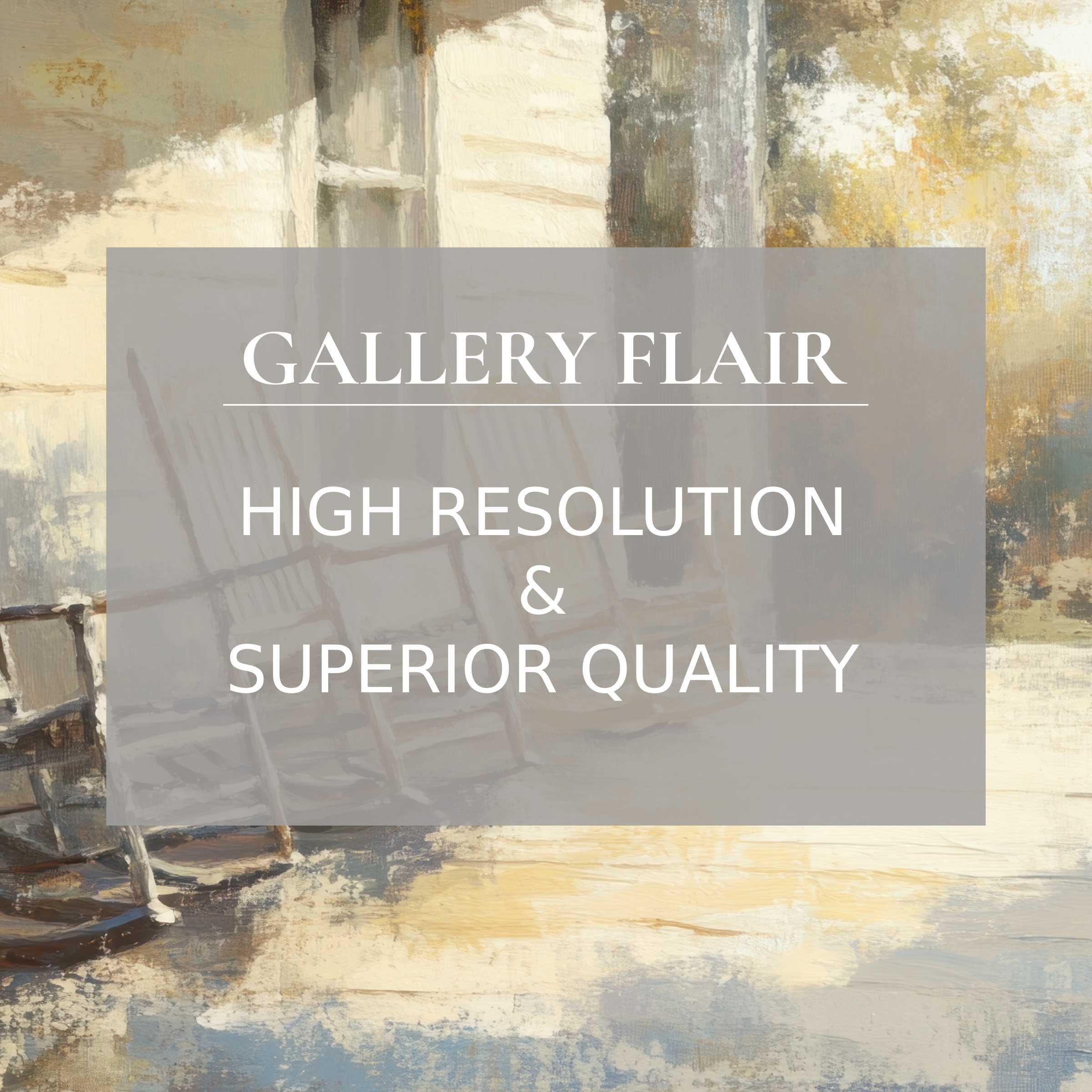 Serene farmhouse printable art capturing soft sunlight on rustic rocking chairs, enriching modern interiors with refined, high-resolution detail