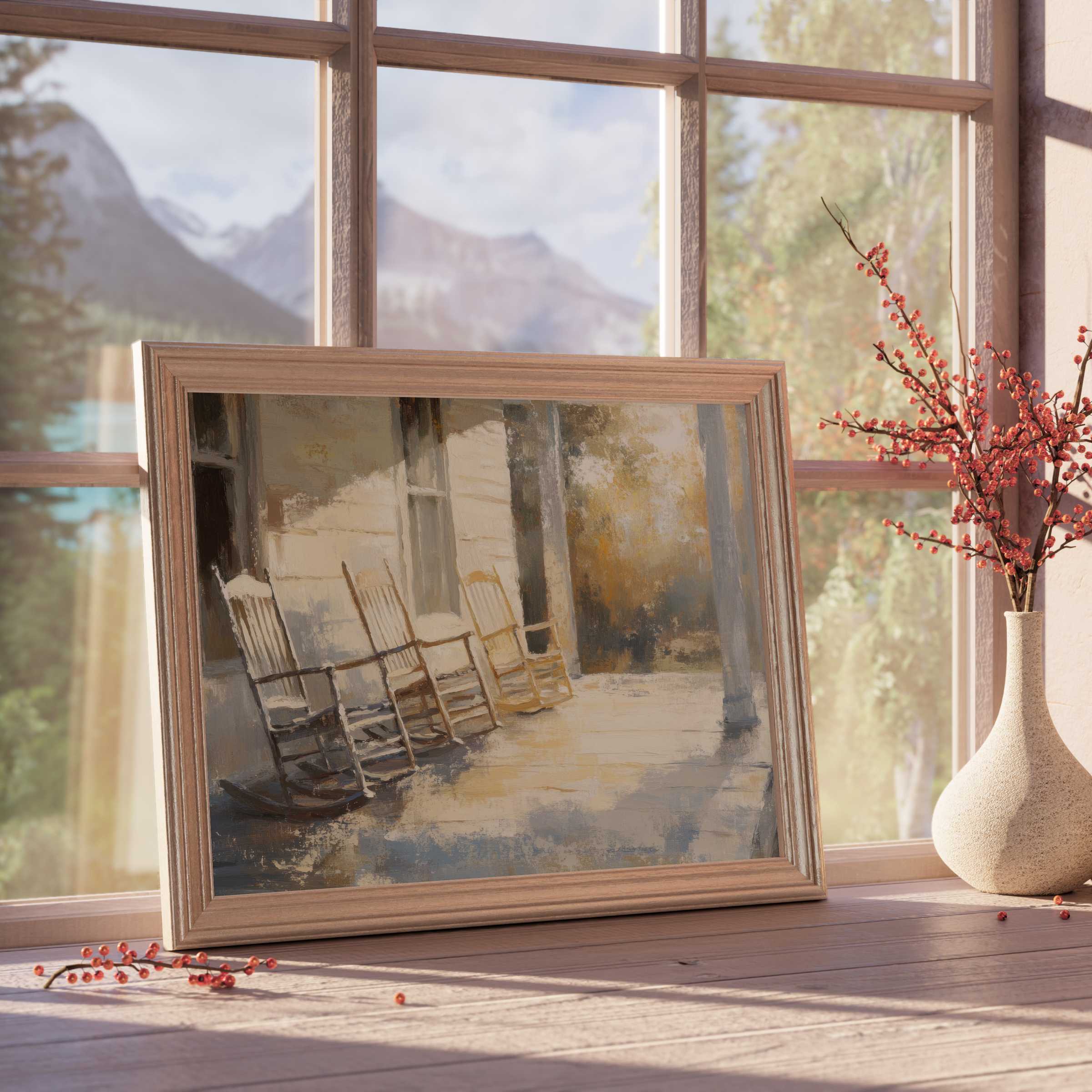 Farmhouse downloadable art capturing serene rocking chairs bathed in soft sunlight, perfect for tranquil, curated living spaces