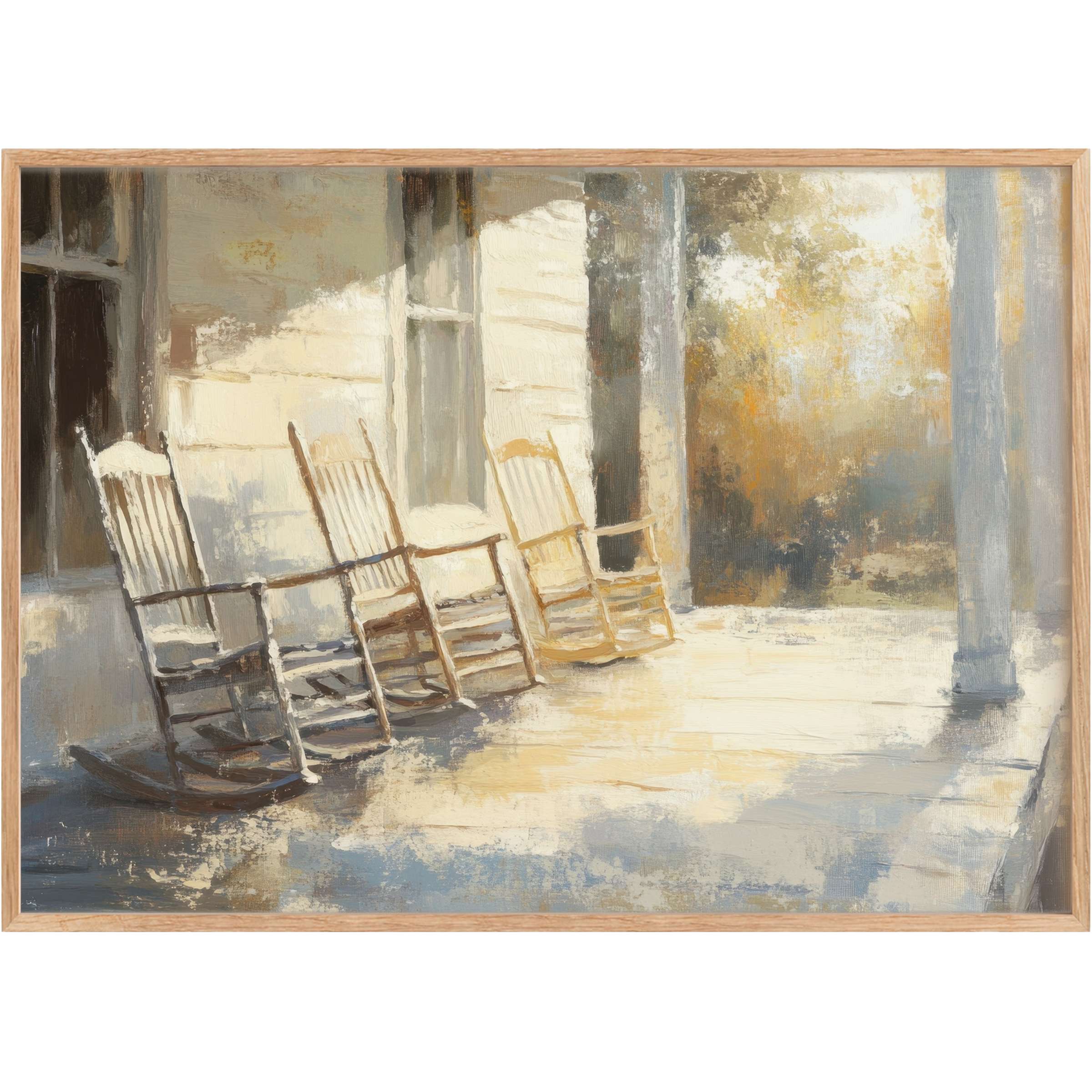 Sunlit farmhouse printable wall art capturing serene rocking chairs bathed in warm creams, soft blues, and golden hues for a tranquil ambiance