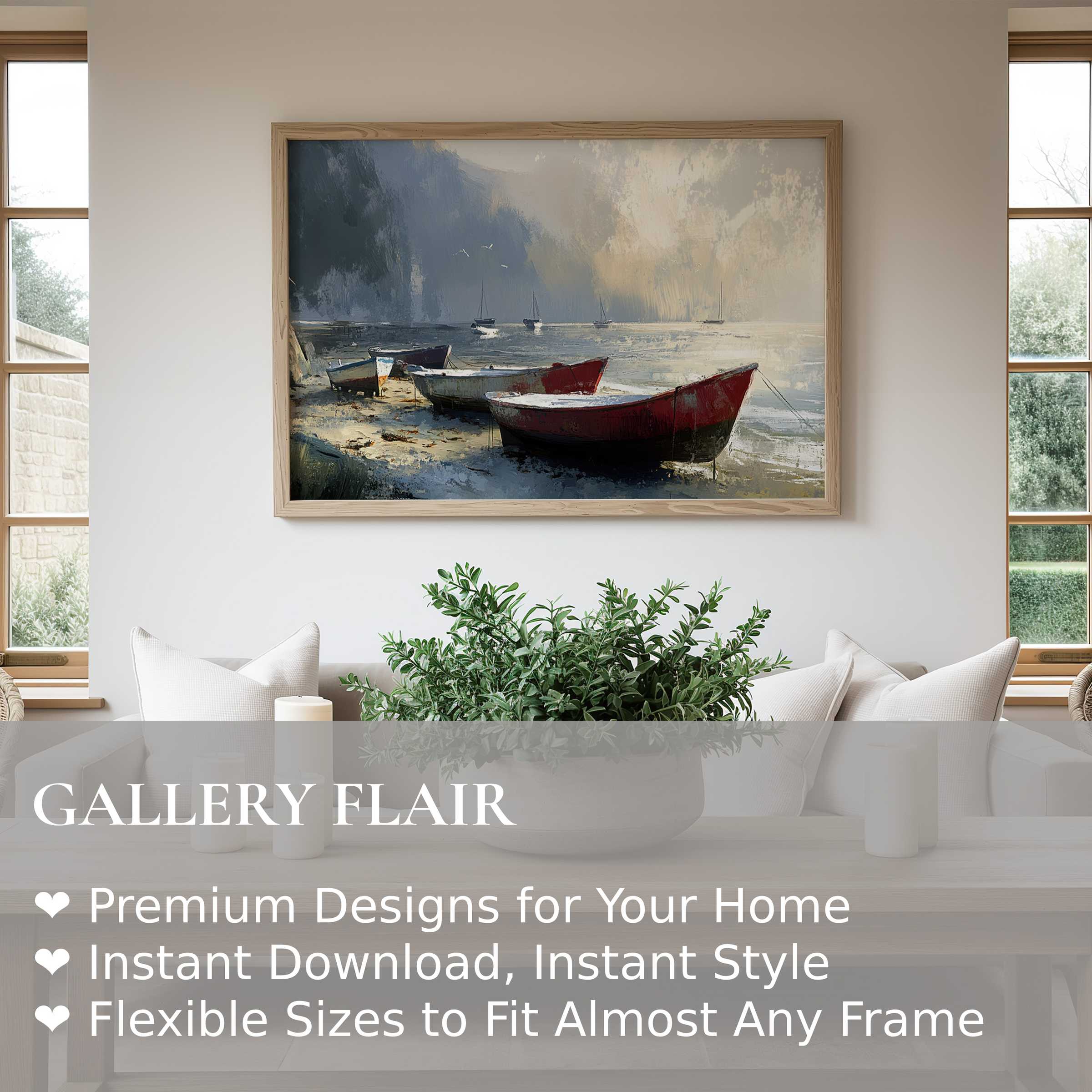 Beach wall art print featuring serene boats resting on a misty shore, radiating calming coastal elegance in a minimalist contemporary living room