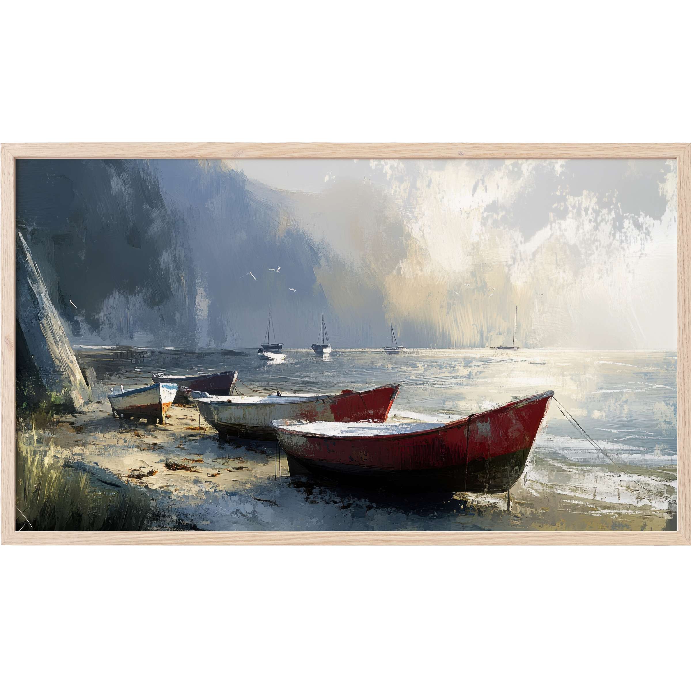 Serene boats on misty shore with muted blues and soft light in elegant, modern beach Frame TV Art