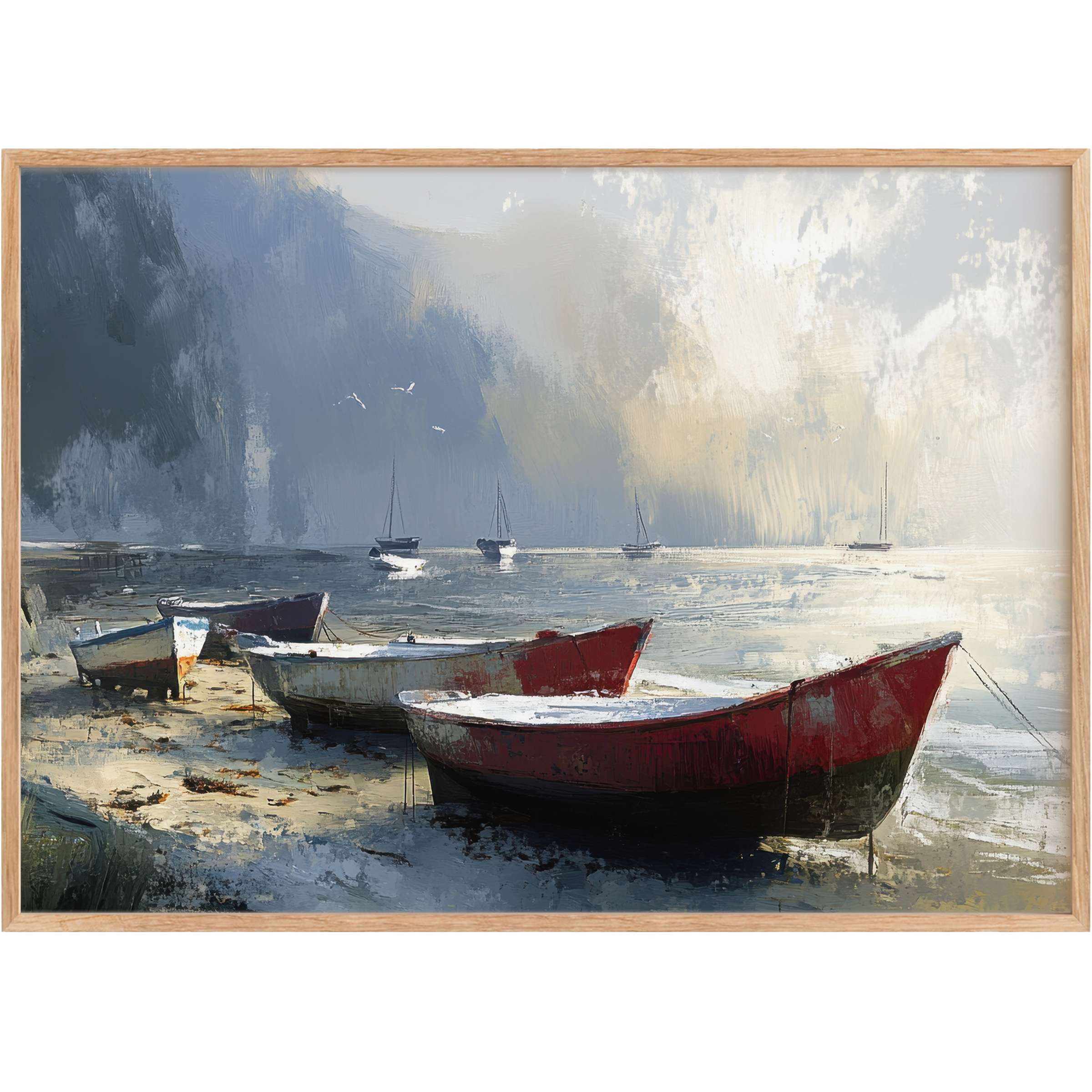 Serene beach printable wall art showcasing rustic red boats on a misty shore, evoking tranquil dawn with soft grays and muted blues